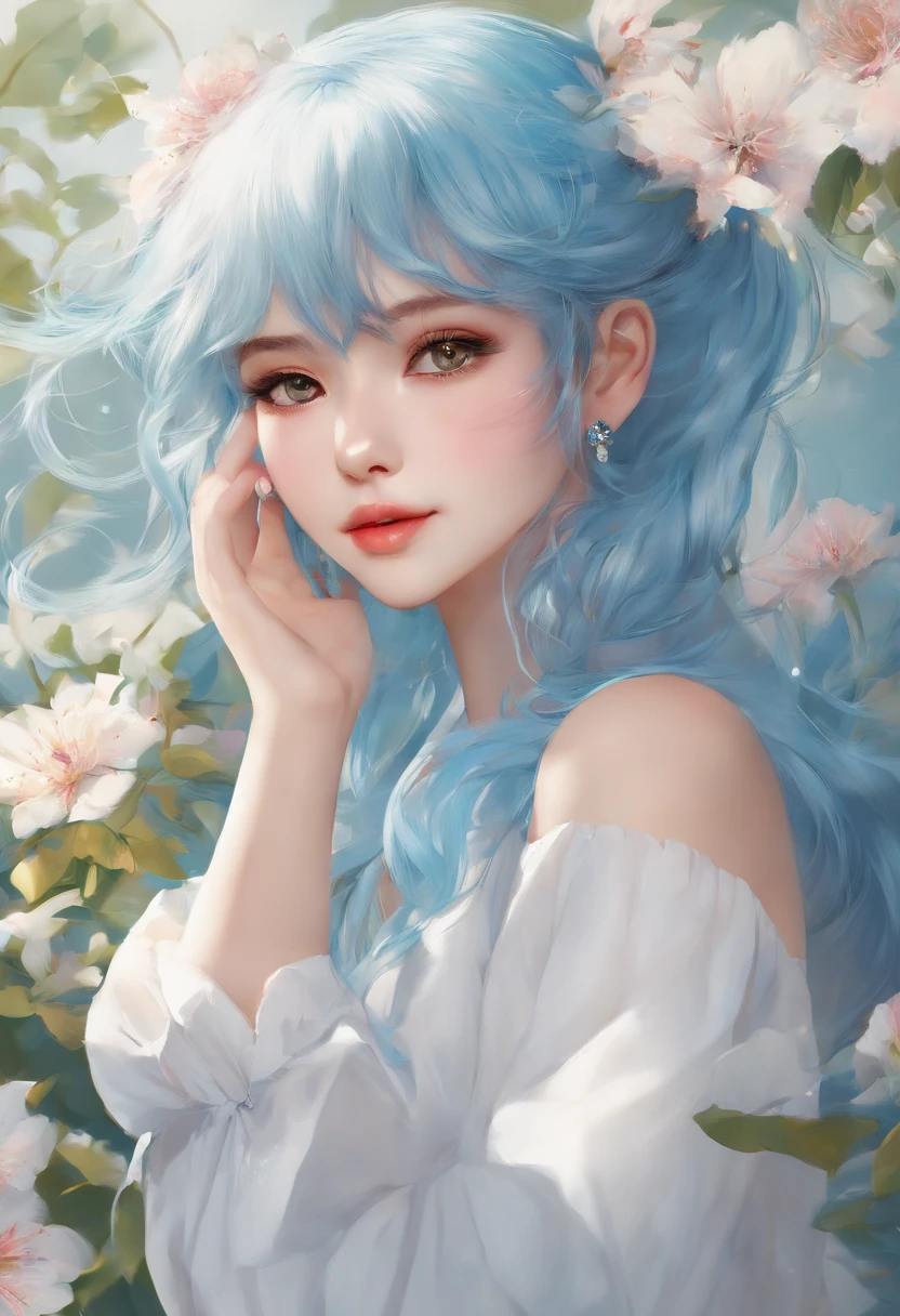 (masterpiece), (best quality), (ultra detailed),(disheveled hair),(illustration), (1girl), (Fashionable clothing), standing, Fashion model, looking at viewer, (interview), (simple background),beautiful detailed eyes, delicate beautiful face, Floating,(high saturation),(colorful splashes),colorful bubble,(shining), focus on face,  ponytail, kamisato ayaka, light blue hair, bangs, hair ring, floating flowers, floating hairs, (shining), best lighting, best shadow,