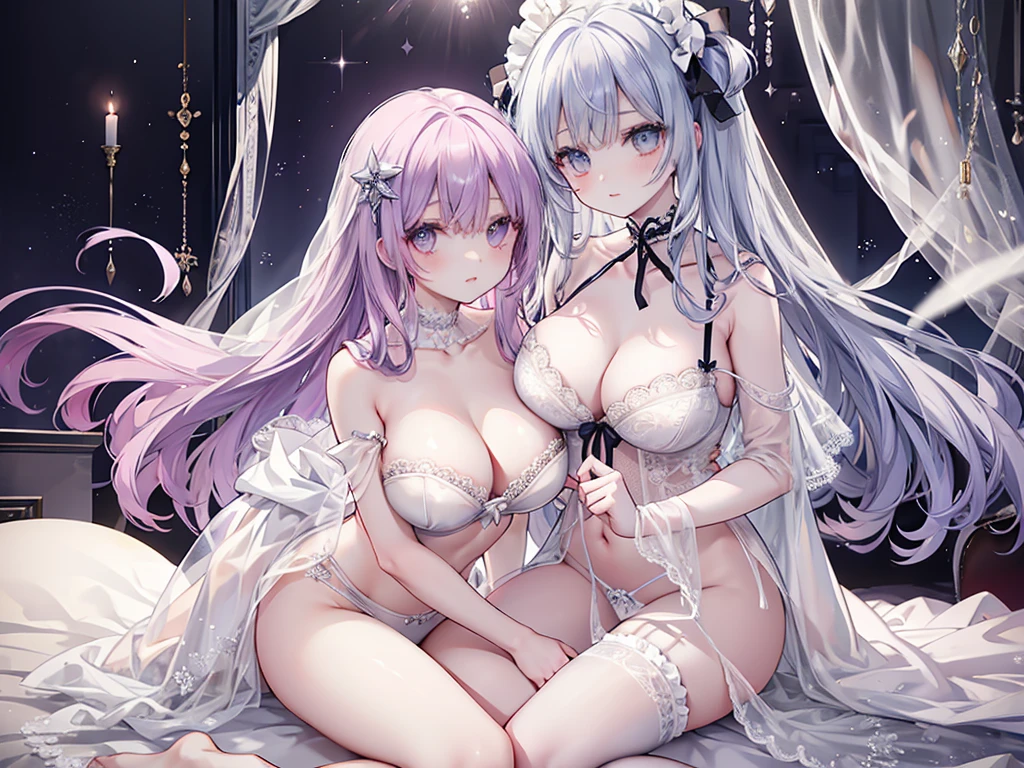 1 woman、Pale sapphire shining hair、Twin-tailed、Sapphire sparkling eyes、爆乳、Too large breasts、Seductive breasts、Lace underwear、negligee、Lace cape、sapphire choker、Castle room、Long lace veil、Ruffles and ribbons