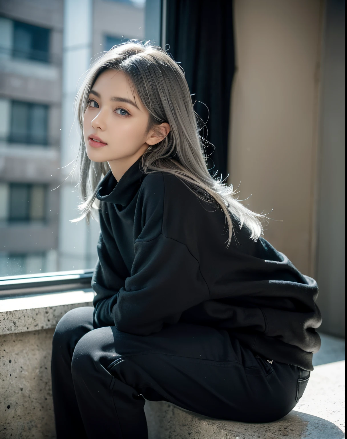 Masterpiece, 8K, photorealistic, realistic,
_ (the most beautiful, Japanese idol, sexy), 22 years old, light color medium large nipples, baby face, small face, small nose, big eyes, Sharp Faceline, (small jow:1.2), small lips, (smile, glistening teeth), (glistening blue eyes:1.2), makeup, Eyeshadow, shiny skin, detailed skin, detailed face, detailed eyes, (gray hair, medium hair:1.3), shiny hair,
_
(shirt Lift:1.3), from side, look at viewer,
_
Inorganic concrete studio with windows, highly detailed background, dramatic lighting,
_
BREAK (black theme:1.4), (Very large size black sweatshirt:1.3), (Slim fit pants:1.2),
_
ultra-realistic textures, raw photo,