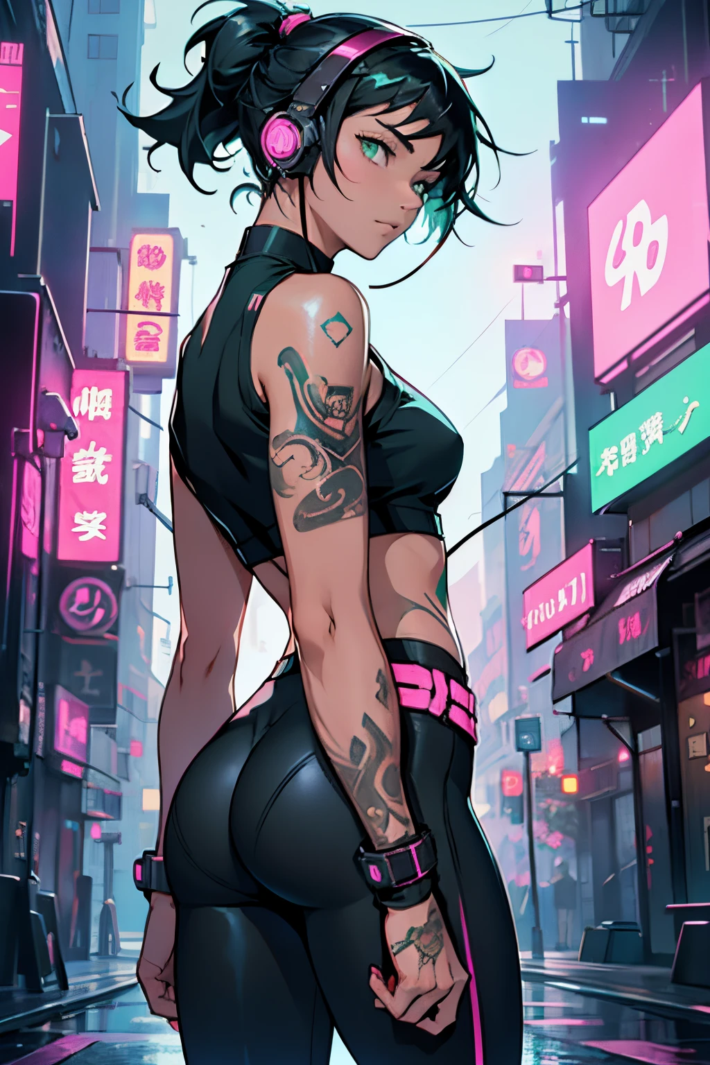 (masterpiece), (best quality), (ultra detailed), (illustration), (1girl), standing, Fashion model, backview, (simple background),,(high saturation),(colorful splashes),(shining), dark hair, bangs, floating hairs, (shining), best lighting, best shadow, cyberpunk, popart, holding a big machete, neon signs, street background