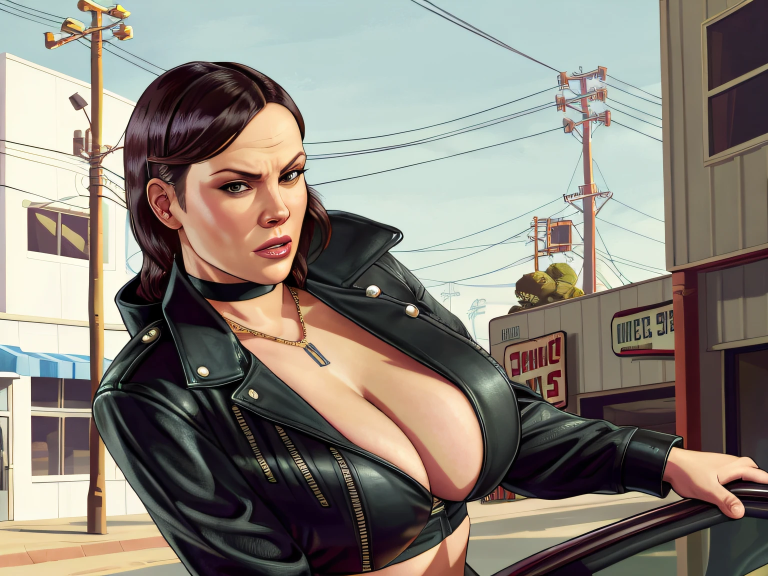 Cory Chase as GTA5 Character/wearing cosplay Dominatrix outfit / Huge Breasts/ hidden areola / milf , thin waist / GTAV Loading Screen 2D art, , cinematic composition, standing in front of a city, shaders, bright cinematic lighting, soft contrast, GTA5 loading screen, gta art, wallpaper 4 k, wallpaper 4k, hq 4k wallpaper, gta loading screen art, fan art, rockstar games art /