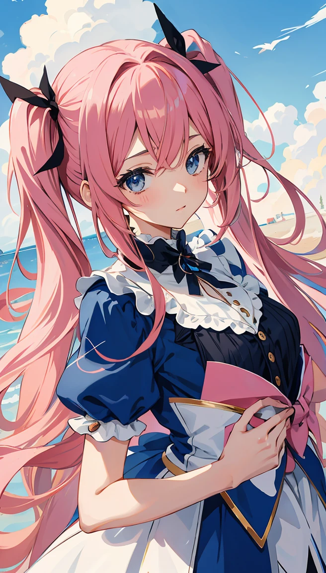 garota anime com cabelo rosa e vestido azul, aesthetic cute with flutter, Arte digital no Pixiv, cabelo rosa twintail e olhos cianos, Soft anime illustration, menina anime bonita, Anime Wallaper, Menina anime com cabelo longo, humanoid pink female squid girl, menina anime, Estilo de arte anime bonito, (menina anime), bela arte de anime