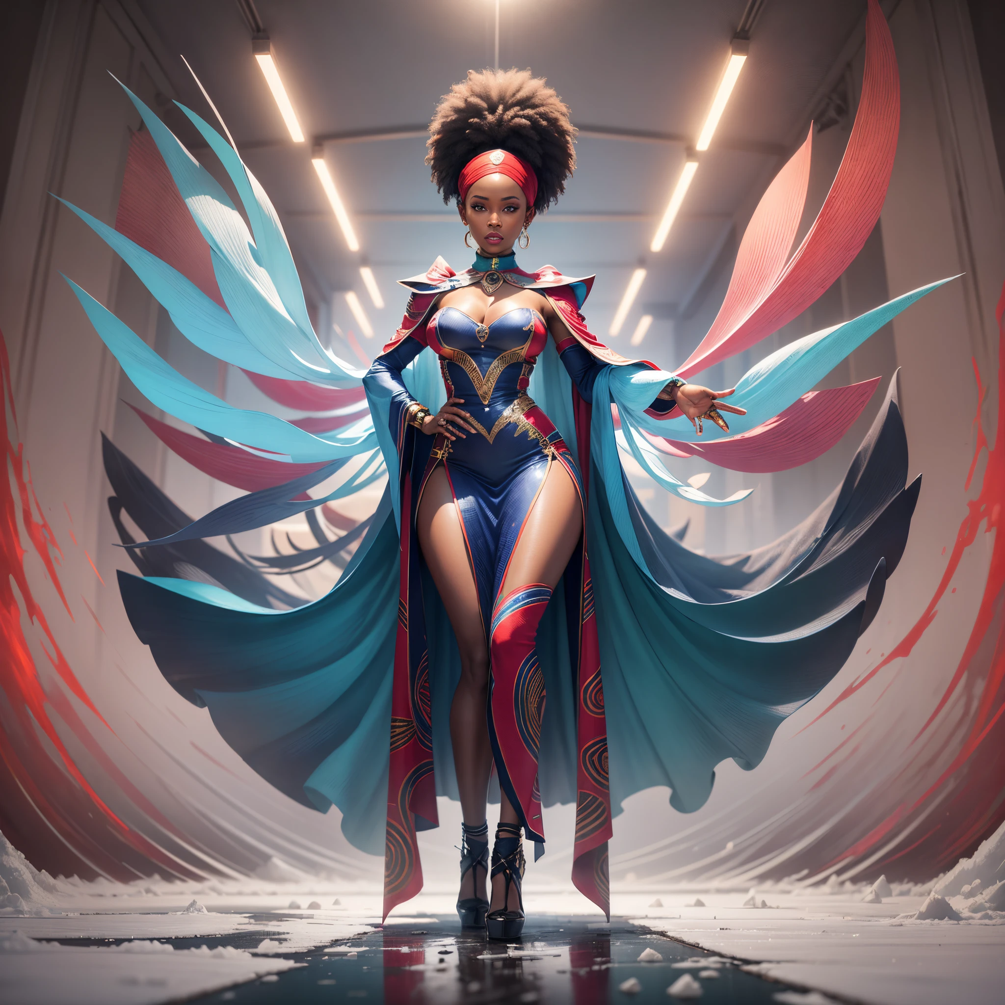 Wide angle shot of an ice sculpture of a beautiful African woman dressed in African designed clothes, standing in an empty Area full of  large reflective mirrors, red flares on the ground providing a red cinematic look, red and blue look, cinematic lighting, artgerm style, 32k, ultra HD, hyper-realistic image --auto --s2
