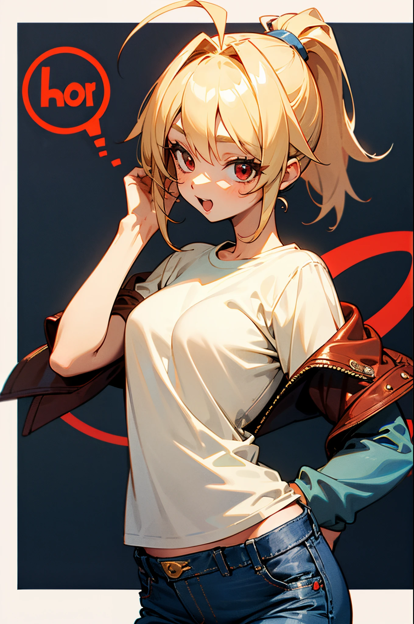 ************ girl、Blonde ponytail、Ahoge、big round red eyes、small tits、Beautie、White T-shirt、red leather rider jacket、Blue jeans pants、Big hilarity