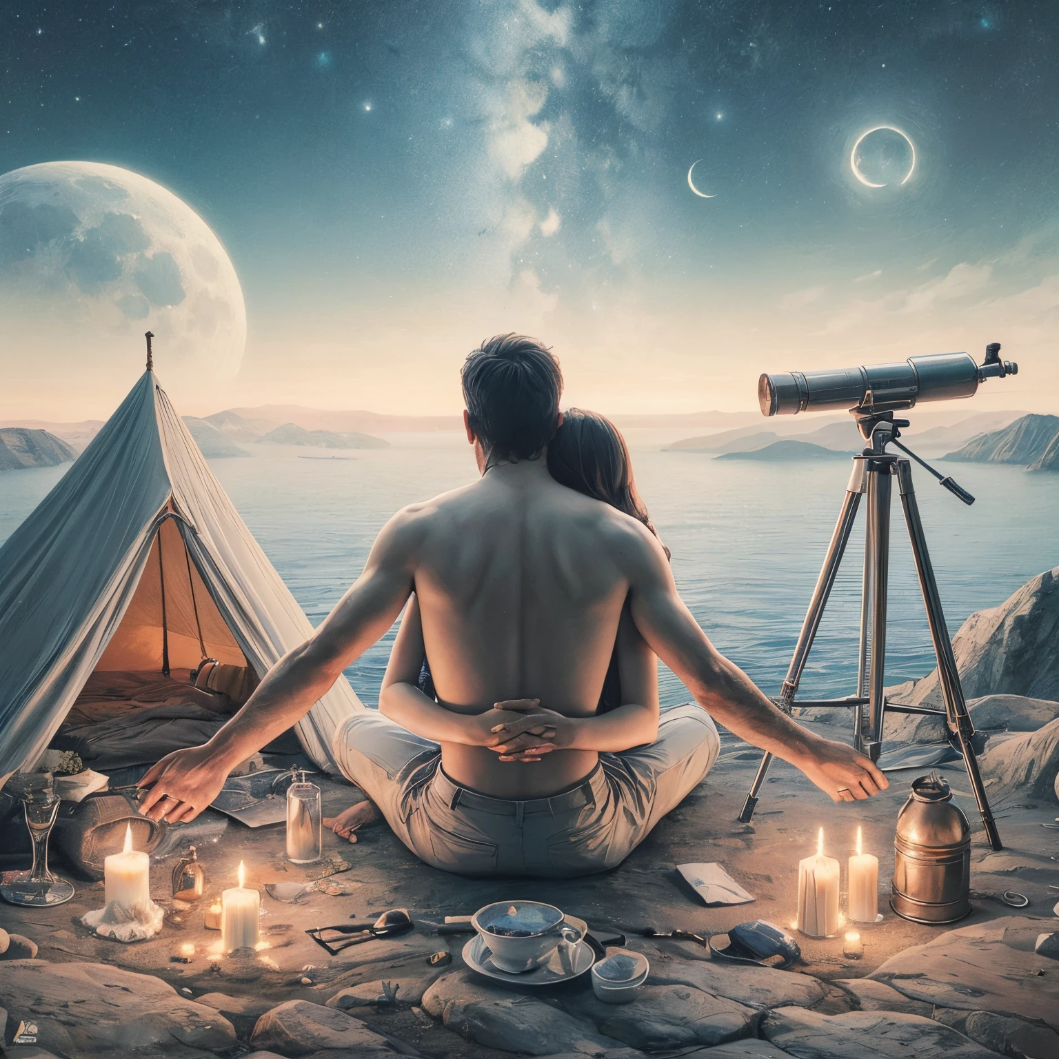 An artistic painting of a man holding his wife’s hands, sitting on the ground with a tent behind them and next to them a telescope with a very small moonlight in the sky and a few candles offering her support, elevating the harmony between them in a spiritual way. An artistic painting of him hugging her next to the sea on top of a mountain.