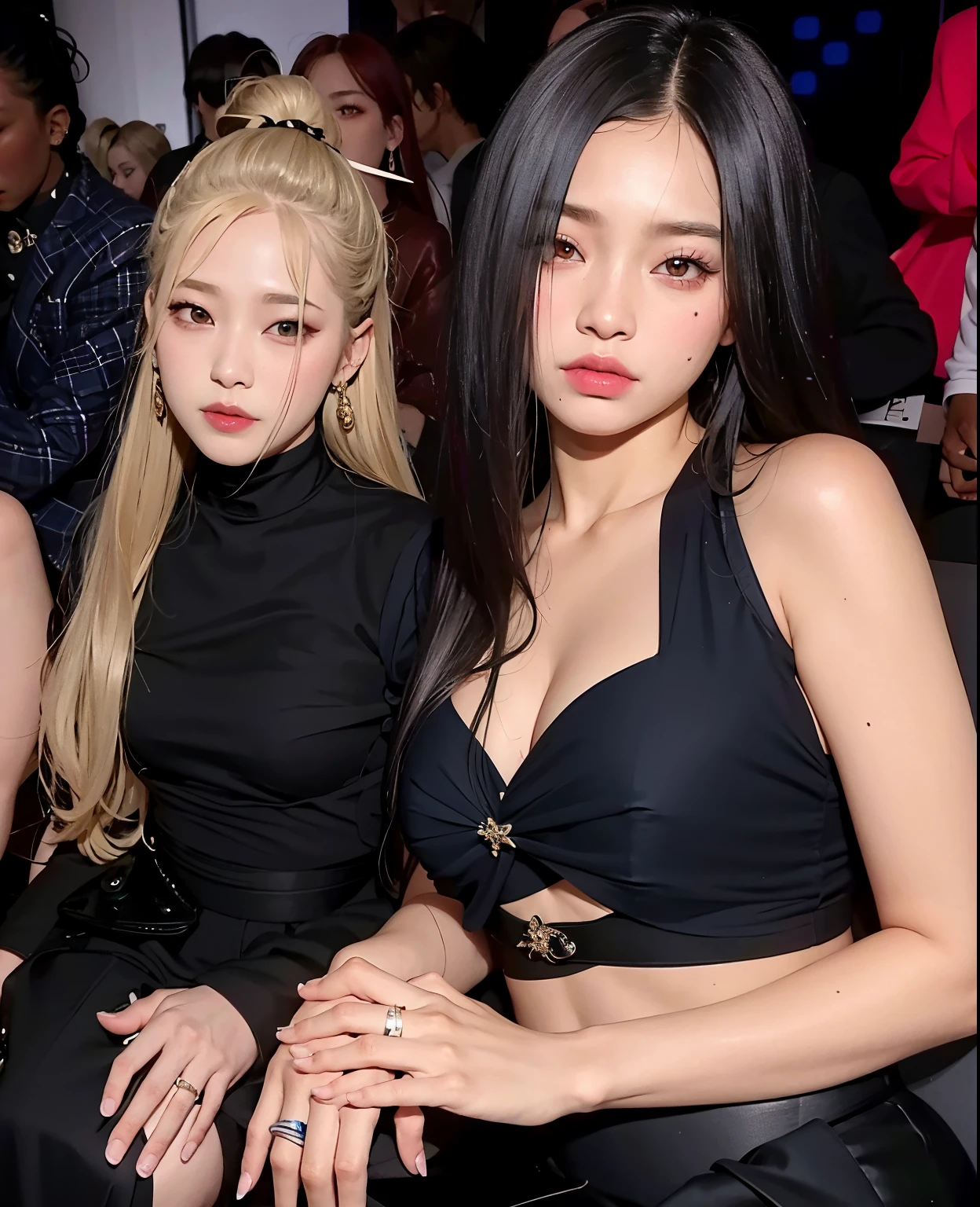 two women sitting next to each other at a fashion show, inspired by Wang Duo, jia, kda and sam yang, roseanne park of blackpink, with black, blackpink, jossi of blackpink, kda, inspired by Wang E, two models in the frame, twice, korean idol, gongbi, cl, lalisa manobal, with ivy