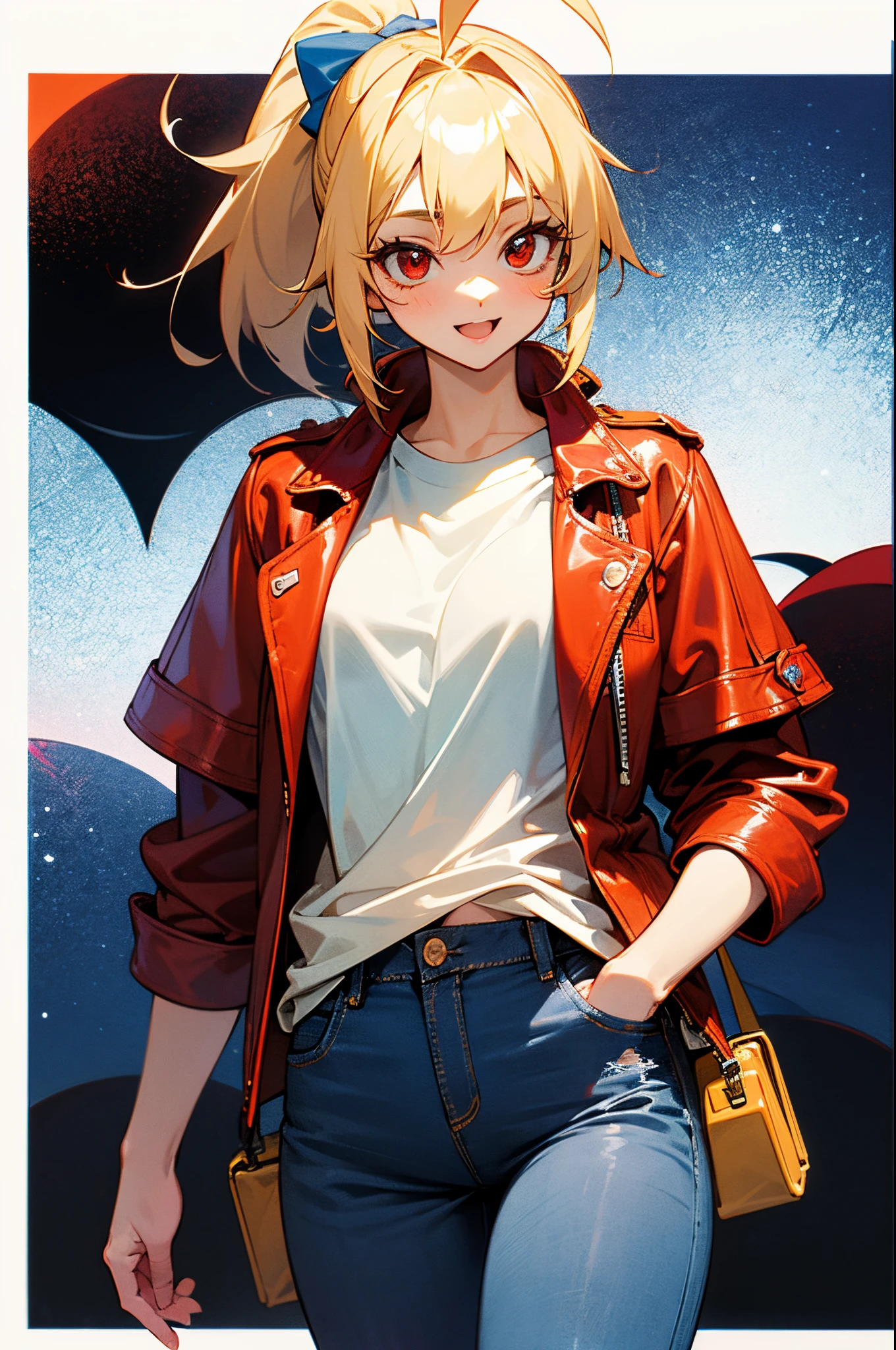girl、Blonde ponytail、Ahoge、big round red eyes、small tits、Beautie、White T-shirt、red leather rider jacket、Blue jeans pants、Big hilarity