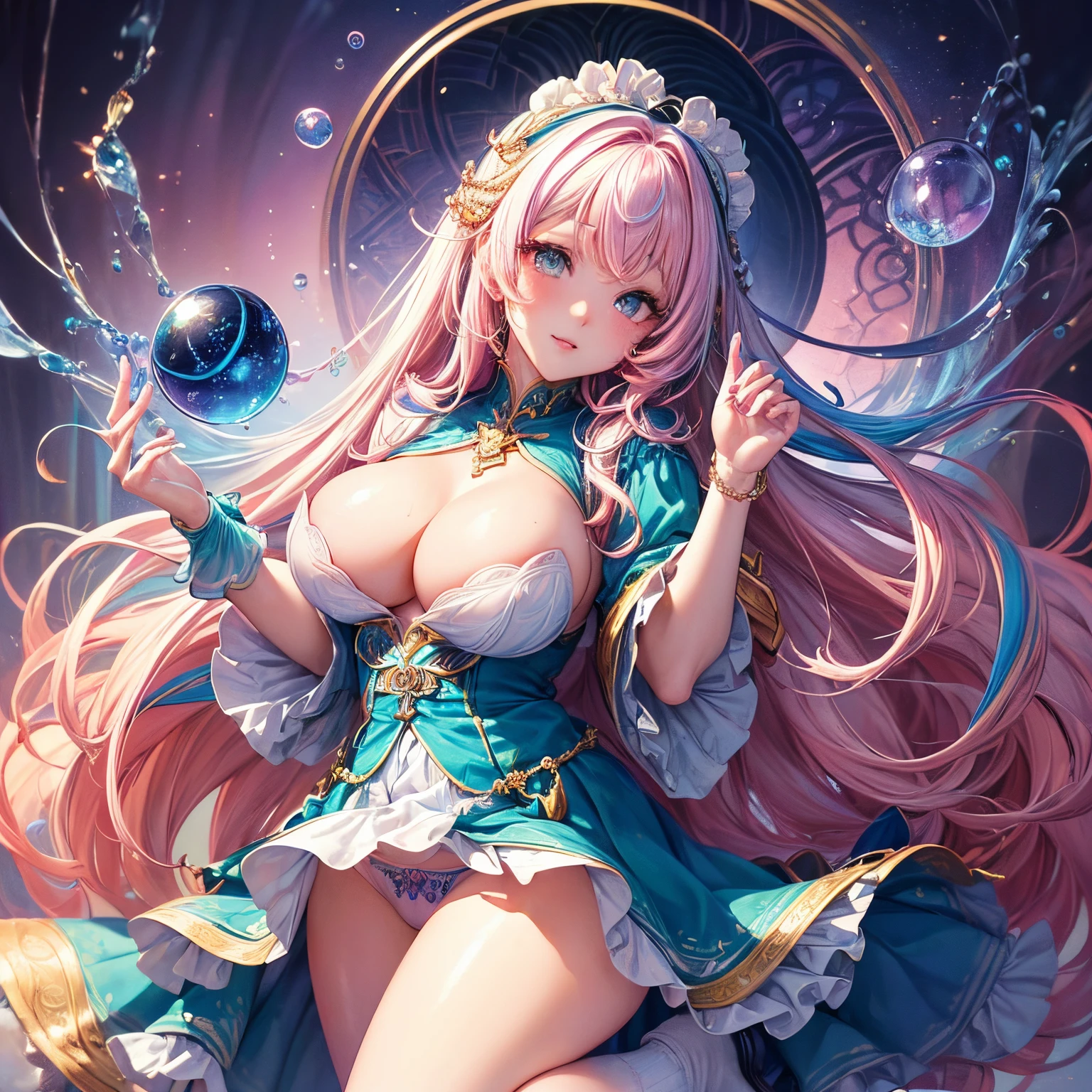 (Beautiful detailed eyes,Beautiful detailed lips,extremely detailed eye and face,longeyelashes,Cute girl in alchemy costume,Cute uniform,miniskirt laugh out loud,attractive girl,Best Quality,busty,masutepiece:1.2,stunning figure,Erotically cute,Ultra-high resolution,Gorgeous girl,Lovely girl,Multi-colored hair,Relaxation Socks,High resolution,gorgeous eyes,Perfect beauty) (​masterpiece、top-quality、top-quality、watercolor paiting(Curly)、Official art、Beautifully Aesthetic:1.2)、(２girl with:1.3)、(Fractal Art:1.3)、The upper part of the body、From Side、looking at the viewers、patterns、(rainbow-colored hair、colourful hair、Half white and half pink hair:1.2)、((A detailed４This refers to、Thumb joint details))、Eau、gases、云、colourfull、Soap bubbles、Deep kissing、(I'm、violate、Detailed panties)