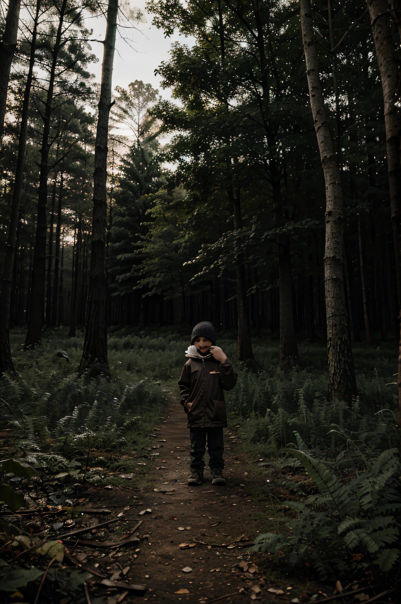 child in the middle of scary night forest