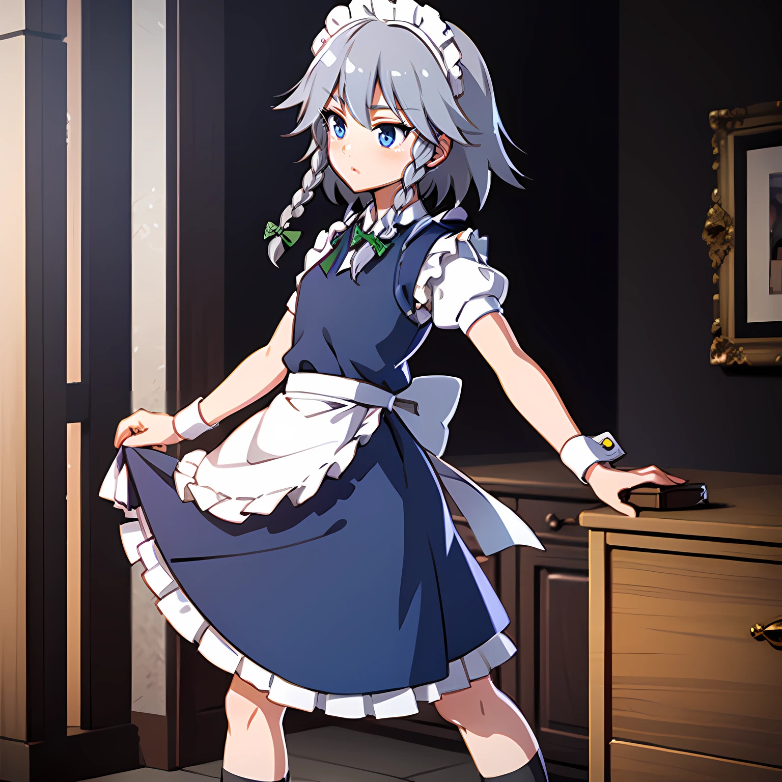 izayoi sakuya,1girl,solo,blue eyes, maid headdress, braid, grey hair, maid, twin braids, short hair, wrist cuffs, bow, hair bow, short sleeves, ribbon, apron,(a close up of a young girl in white socks and shoes standing:1.2),(black Loafers:1.3),(forest:1.2)