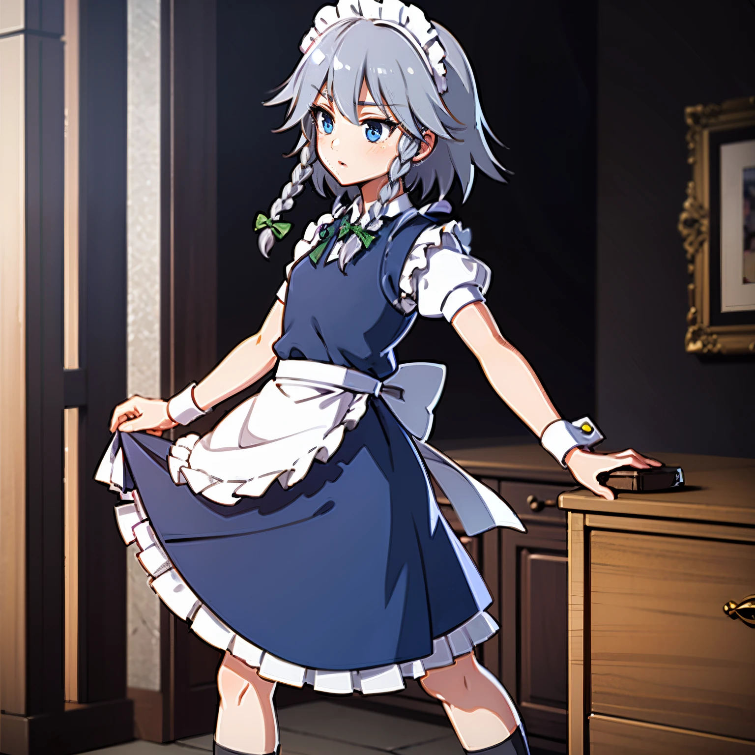 izayoi sakuya,1girl,solo,blue eyes, maid headdress, braid, grey hair, maid, twin braids, short hair, wrist cuffs, bow, hair bow, short sleeves, ribbon, apron,(a close up of a young girl in white socks and shoes standing:1.2),(black Loafers:1.3),(forest:1.2)