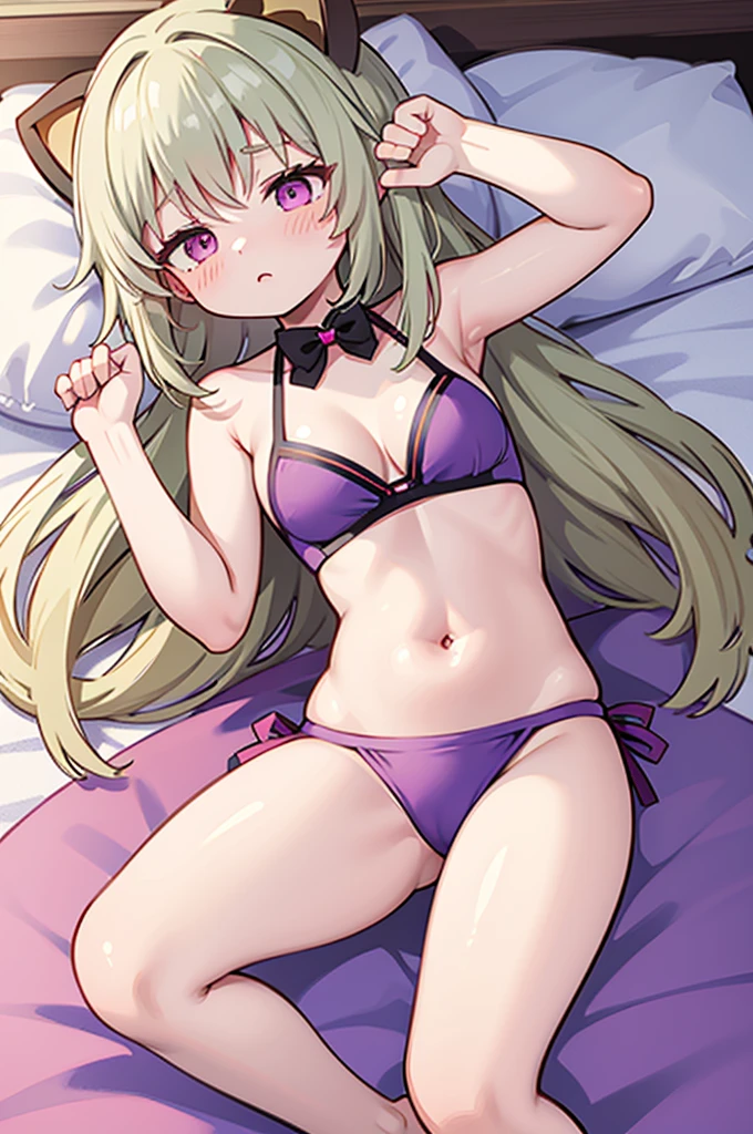 Cartoon picture of a woman wearing a purple skirt lying on the bed, Seductive anime panic girl, Blonde long hair anime girl,Open your legs,Put your hands on your head, Anime cute art style, Misty Rain Magic Sand, She's wearing a bikini on my bed,Lori huge breasts cleavage, The best girl in anime, ECCHI anime style, small curvaceous , Guang Huili, Ilya Kuvshinov long hair,Panic