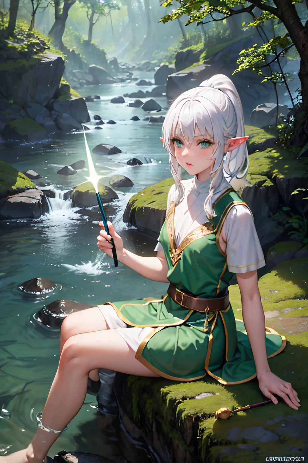 elf, white hair, facing the camera green eyes, ponytail, in the forest, sitting on a rock, beside a river, a rocky outcropping, lighting from above, white elf clothes, holding a magic wand,