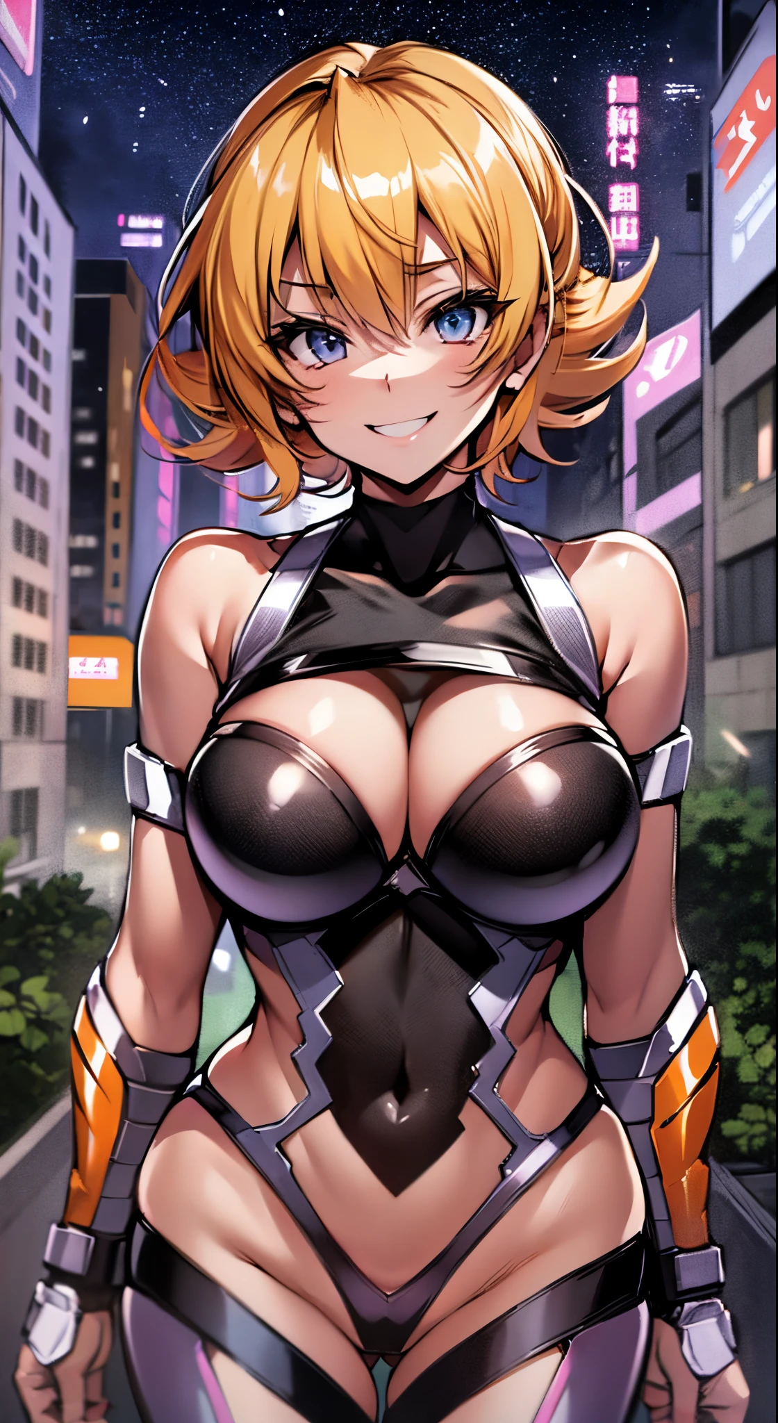 Sakura Igawa、Demon Shinobi、top-quality、supreme１People Girls,hightquality,, ((masuter piece)), ((High resolution)), ((Best Quality)), detail, (A smile.Very happy,Sensitivity 3000 times), ((Shiny skin)), Show off your cleavage、(High-leg bodysuit:1.2)、girl with, ((Colossal tits、a blond、a short bob))、((Rooftop at night))