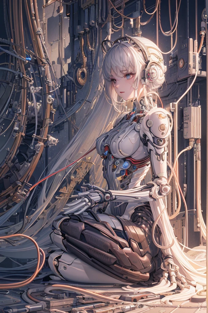 (((masterpiece))), (((best quality))), ((ultra-detailed)), (highly detailed CG illustration), ((an extremely delicate and beautiful)),(from side),cinematic light,((1mechanical girl)),solo,full body,(machine made joints:1.2),((machanical limbs)),(blood vessels connected to tubes),(mechanical vertebra attaching to back),((mechanical cervial attaching to neck)),(sitting),expressionless,(wires and cables attaching to neck:1.2),(wires and cables on head:1.2)(character focus),science fiction,white background, extreme detailed,colorful,highest detailed