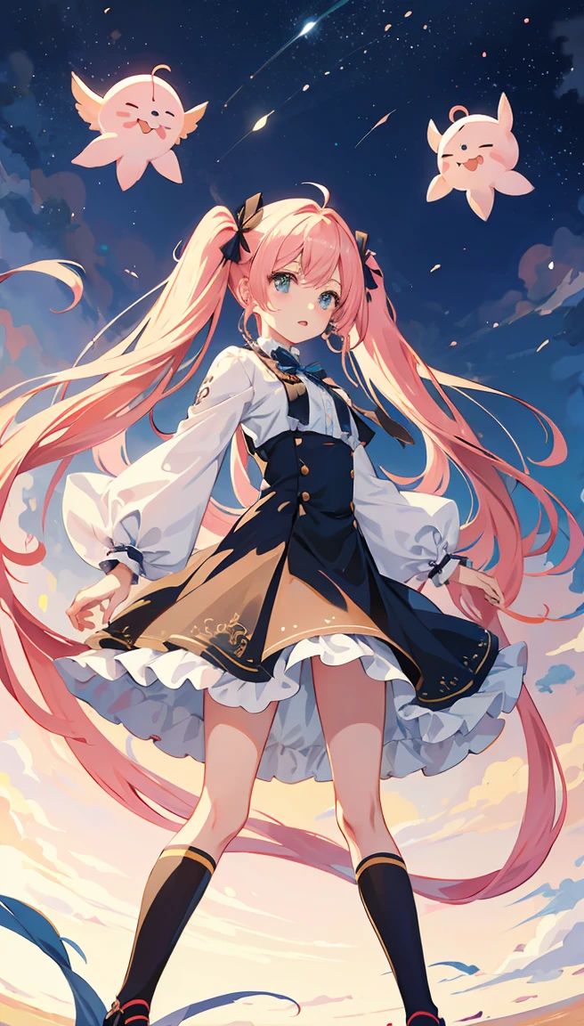 garota anime com cabelo rosa e vestido azul segurando uma espada, aesthetic cute with flutter, Arte digital no Pixiv, cabelo rosa twintail e olhos cianos, Soft anime illustration, menina anime bonita, Anime Wallaper, Menina anime com cabelo longo, humanoid pink female squid girl, menina anime, Estilo de arte anime bonito, (menina anime), bela arte de anime