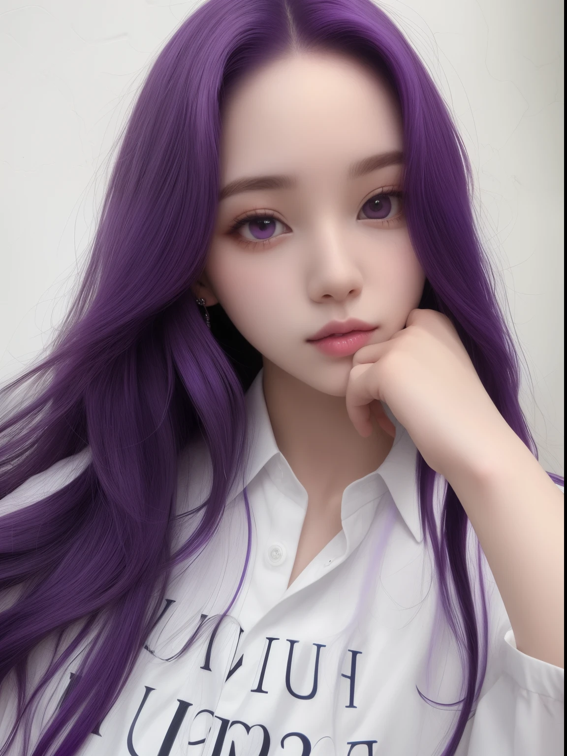 un primer plano de una mujer con cabello morado y una camisa blanca, Cabello largo violeta, purple skin color, Cabello largo morado, Jinyoung Shin, ulzzang, Ella tiene el pelo morado, Sun Yunjoo, Cabello morado suelto, color violeta, purple hair, Cabello largo violeta, long purple hair, purple  color, cabello violeta, Long, wavy purple hair, Jaeyeon Nam, Karina Aespa