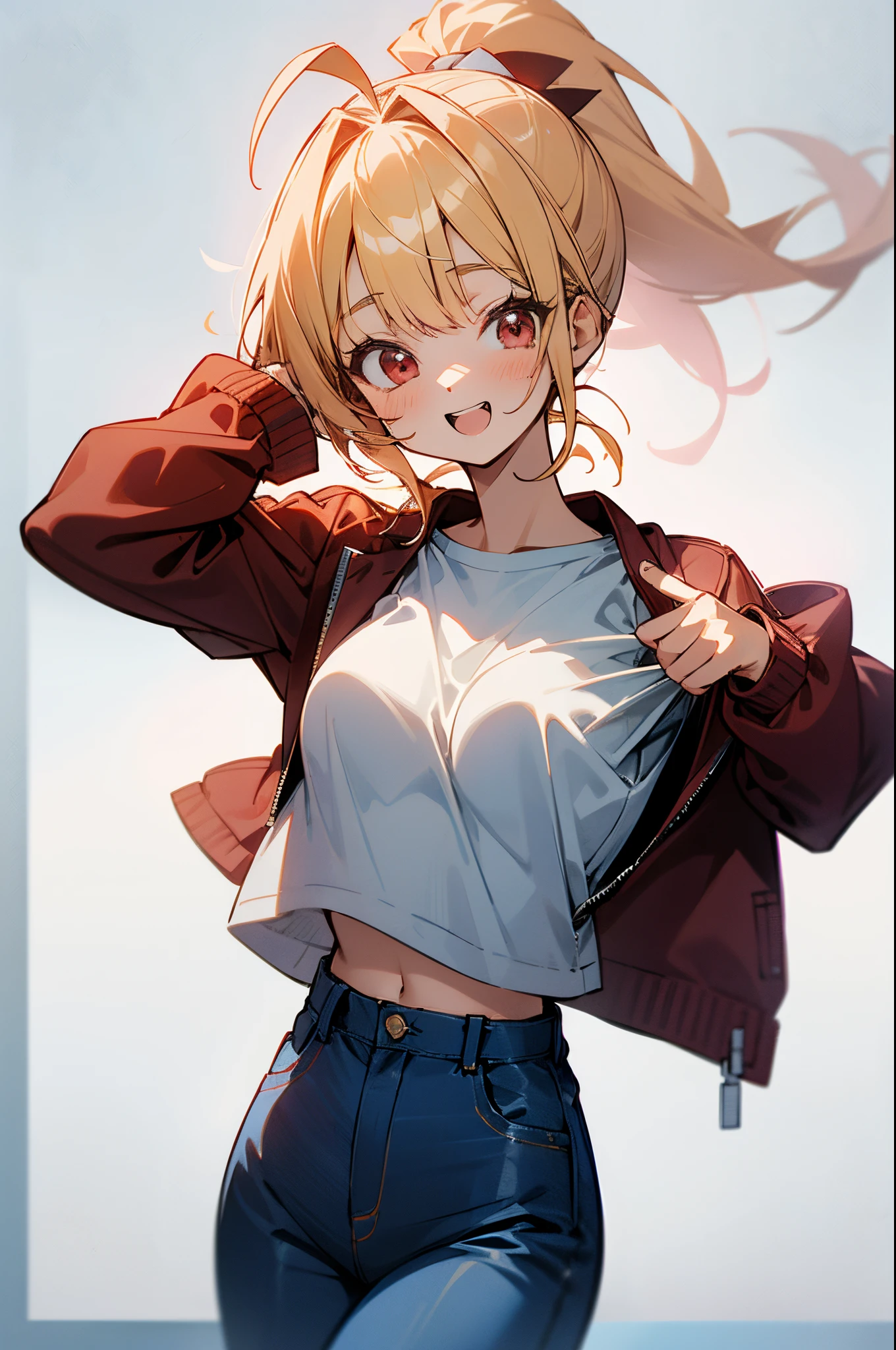 ************ girl、Blonde ponytail、Ahoge、big round red eyes、small tits、Beautie、White T-shirt、red leather rider jacket、Blue jeans pants、Big hilarity