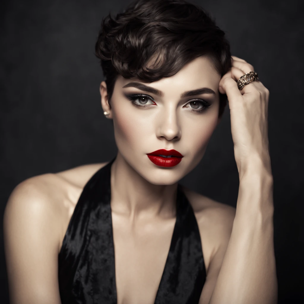 Detailed full-length portrait of an alluring woman sporting a pixie haircut with asymmetrical strands delicately covering one of her enchanting eyes, lips clothed in the glowing allure of bold red lipstick, gracefully adorned in a elegant black sweetheart dress, femme fatale, film noir style, chiaroscuro lighting, high contrast, vintage glamour, ultra-clear, high-resolution digital painting