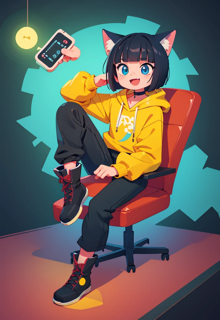 best quality, masterpiece, highly detailed, kawaii,
BREAK (short boy:1.3), 1boy, solo, (short hair, straight hair, black hair, blunt bangs, azure eyes:1.3), (wolf ears), choker, fangs, blush, (realistic:0.8), (sitting in chair, holding a gaming control.)
(oversized clothes, puffy sleeves, red and yellow hoodie, black boots, black pants), happy, :D,
BREAK cute aesthetic illustration, stylized digital art, colorful paint style,