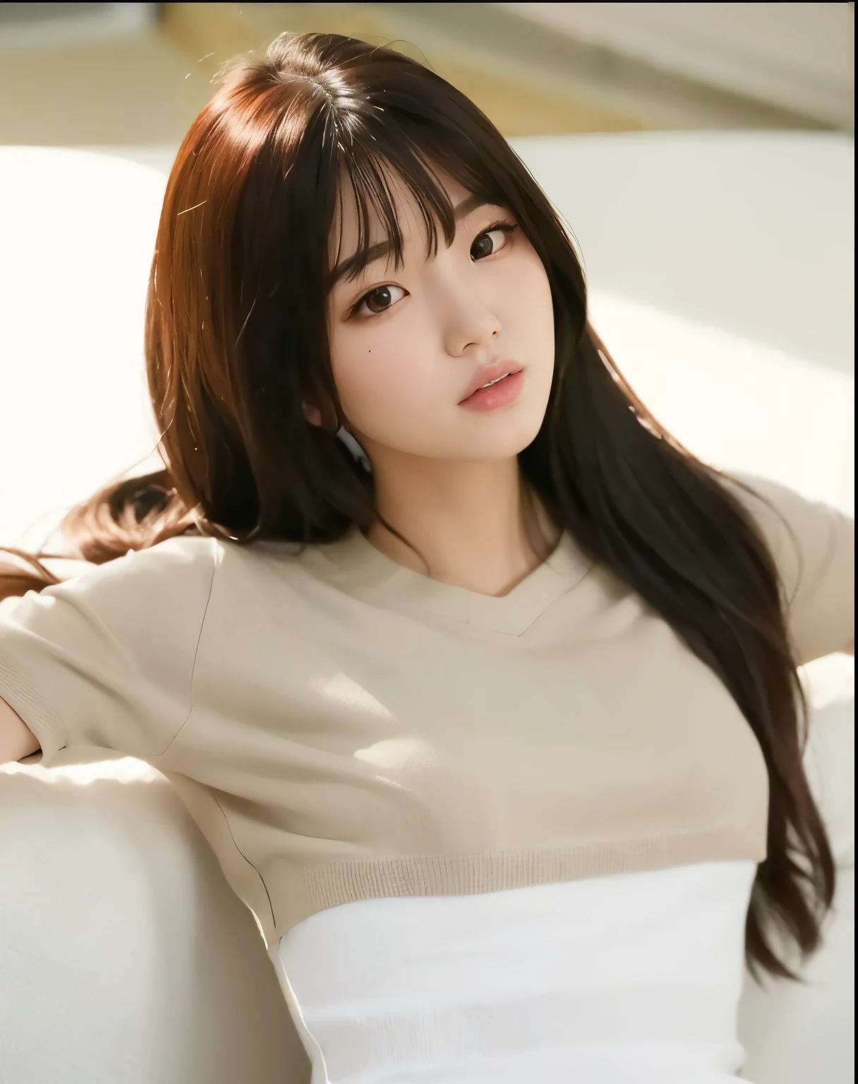 a close up of a woman sitting on a couch with a white shirt, jaeyeon nam, gorgeous young korean woman, beautiful south korean woman, bae suzy, sakimichan, jinyoung shin, beautiful young korean woman, korean girl, heonhwa choe, lee ji-eun, lee ji - eun, hwang se - on, lalisa manobal
