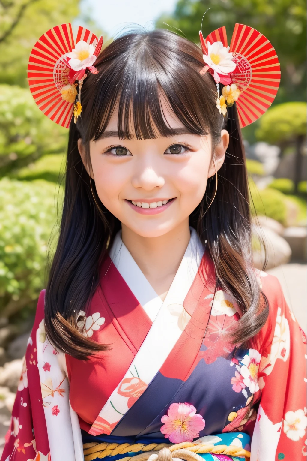 photoRealstic、Japan shrine in the background、3Year old girl、Wearing a kimono for the Shichi-Go-San celebration、Smile, kawaii pose 、 ultradetailed eyes、Full Paint、Floral hair ornament、butterfly hair ornament