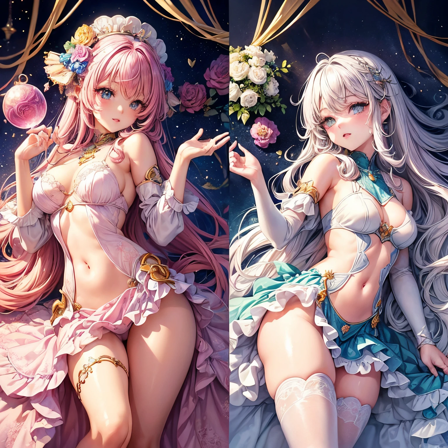 (Beautiful detailed eyes,finely detailed eyes,Beautiful detailed lips,extremely detailed eye and face,longeyelashes),Cute girl in alchemy costume,Cute uniform,miniskirt laugh out loud,attractive girl,Best Quality,busty,masutepiece:1.2,stunning figure,Erotically cute,Ultra-high resolution,Gorgeous girl,Lovely girl,Multi-colored hair,Relaxation Socks,High resolution,gorgeous eyes,Perfect beauty) (masterpiece、top-quality、top-quality、watercolor paiting(Curly)、Official art、Beautifully Aesthetic:1.2)、(2girl with:1.3)、(Fractal Art:1.3)、The upper part of the body、From Side、looking at the viewers、patterns、(rainbow-colored hair、colourful hair、half white and half pink hair:1.2)、((A detailed4This refers to、Thumb joint details))、Eau、gases、云、colourfull、Soap bubbles、Deep kissing、I'm、violate、Detailed panties