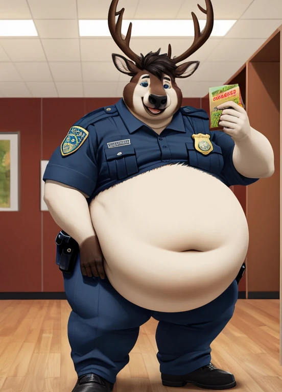 solo, elk, anthro, male, chubby cheeks, detailed face, obese, very large belly, wearing police officer uniform, holding a box of donuts, happy, indoors, inside lobby