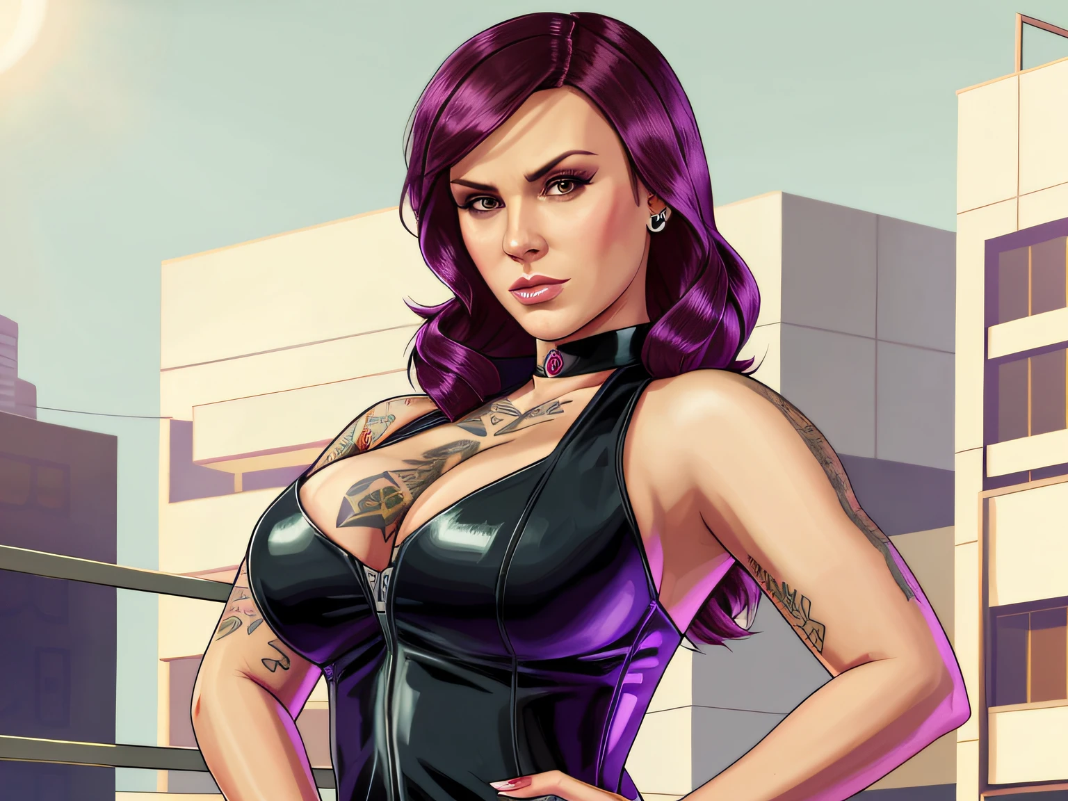 Sophie Dee as GTA5 Character/wearing cosplay Dominatrix outfit / Huge Breasts/ hidden areola / milf , thin waist , heavy eyeshadow, numerous tattoos / GTAV Loading Screen 2D art,  , cinematic composition, standing in front of a city, shaders, bright cinematic lighting, soft contrast, GTA5 loading screen, gta art, wallpaper 4 k, wallpaper 4k, hq 4k wallpaper, gta loading screen art, fan art, rockstar games art /