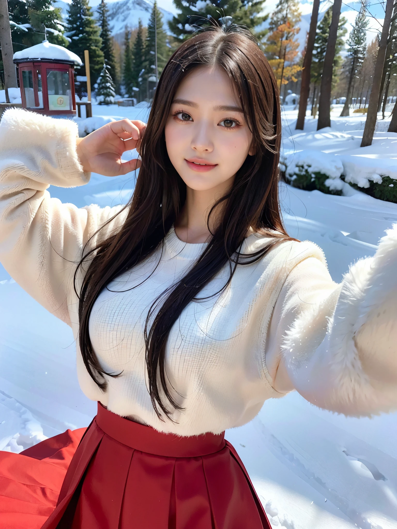 best qualtiy,tmasterpiece,The ultra-Highres,(真实感:1.4),Raw-Photo,1girll,Long Whitr hair,face highlight,In addition,girly,Flushing,18 years-old,Smiling 18-year-old female classmate,In addition,Innocent,(best qualtiy,8K,tmasterpiece:1.3),goose egg face,large eyes,long eyeslashes,Exquisite(Live-action realistic style),Eyes like stars,The Ultimate Face,Realistic light and shadow,Clear Facial Features,Milky Skin,Fair skin, highdetailskin, Realistic skin details, Visible Pore,(super detaill),(perfect body figure:1.1),Long Whitr hair,(dynamicposes),((Dynamic background((Bolshetic Light:1.3)),tits huge,Red long skirt,Alps,snow mountain,ski,freedom,dashing,Long leg,Shunguang