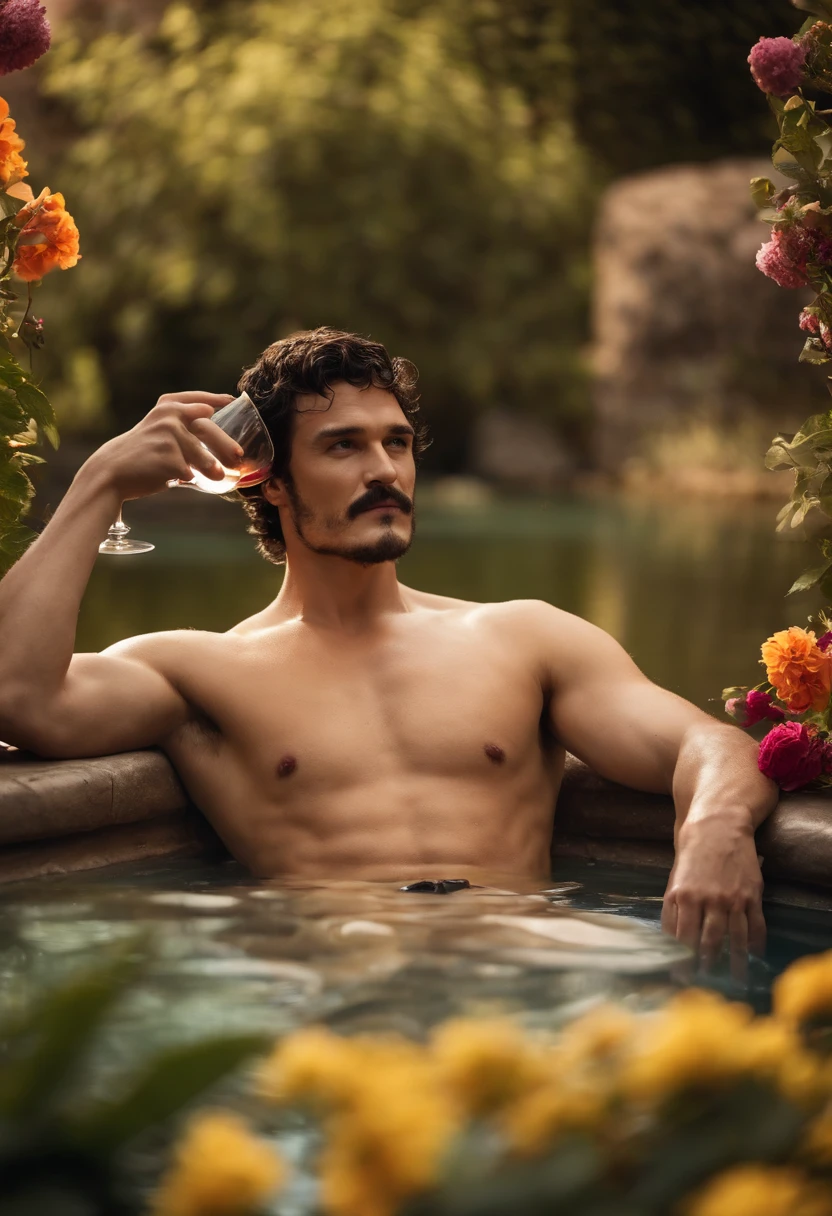 A photo of Oberyn lounging in a luxurious outdoor hot spring, surrounded by beautiful flowers and drinking a glass of wine,Game of Thrones TV series,Oberyn is a tall man with black hair and a beard, famously portrayed by Pedro Pascal