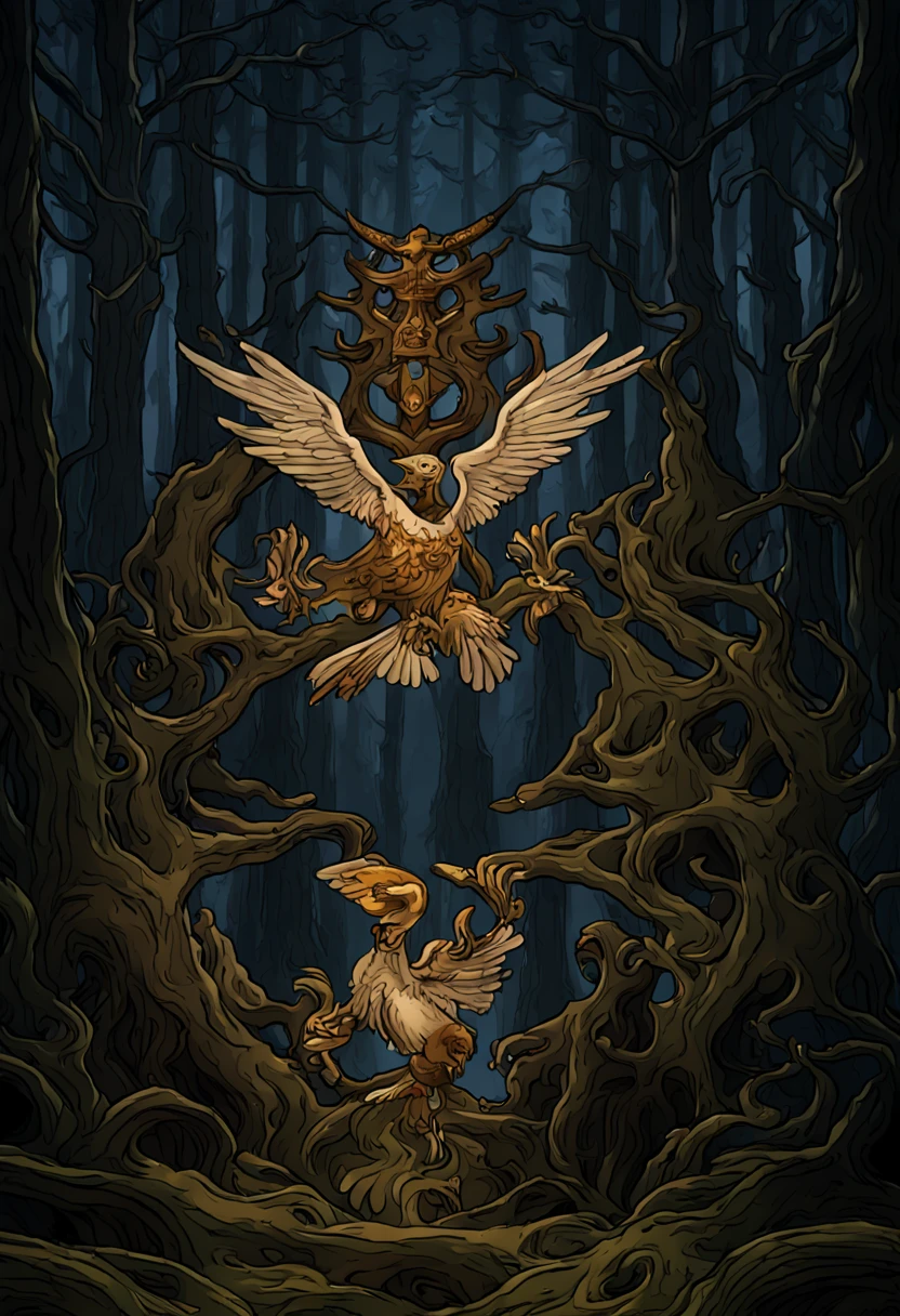 In the dark and deep forest、A rusty sword is stuck deep in the ground..。A double-headed eagle flies above it, pointing downwards..。