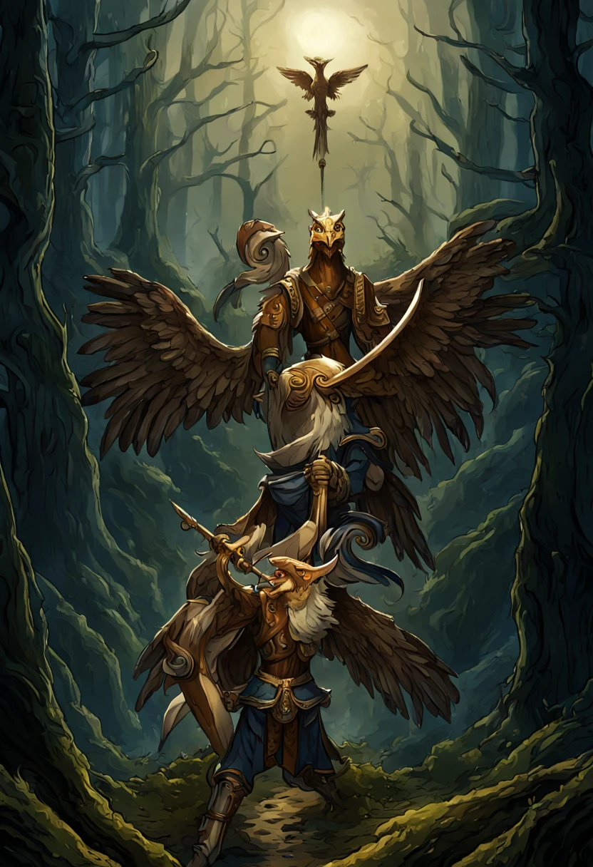 In the dark and deep forest、A rusty sword is stuck deep in the ground..。A double-headed eagle flies above it, pointing downwards..。