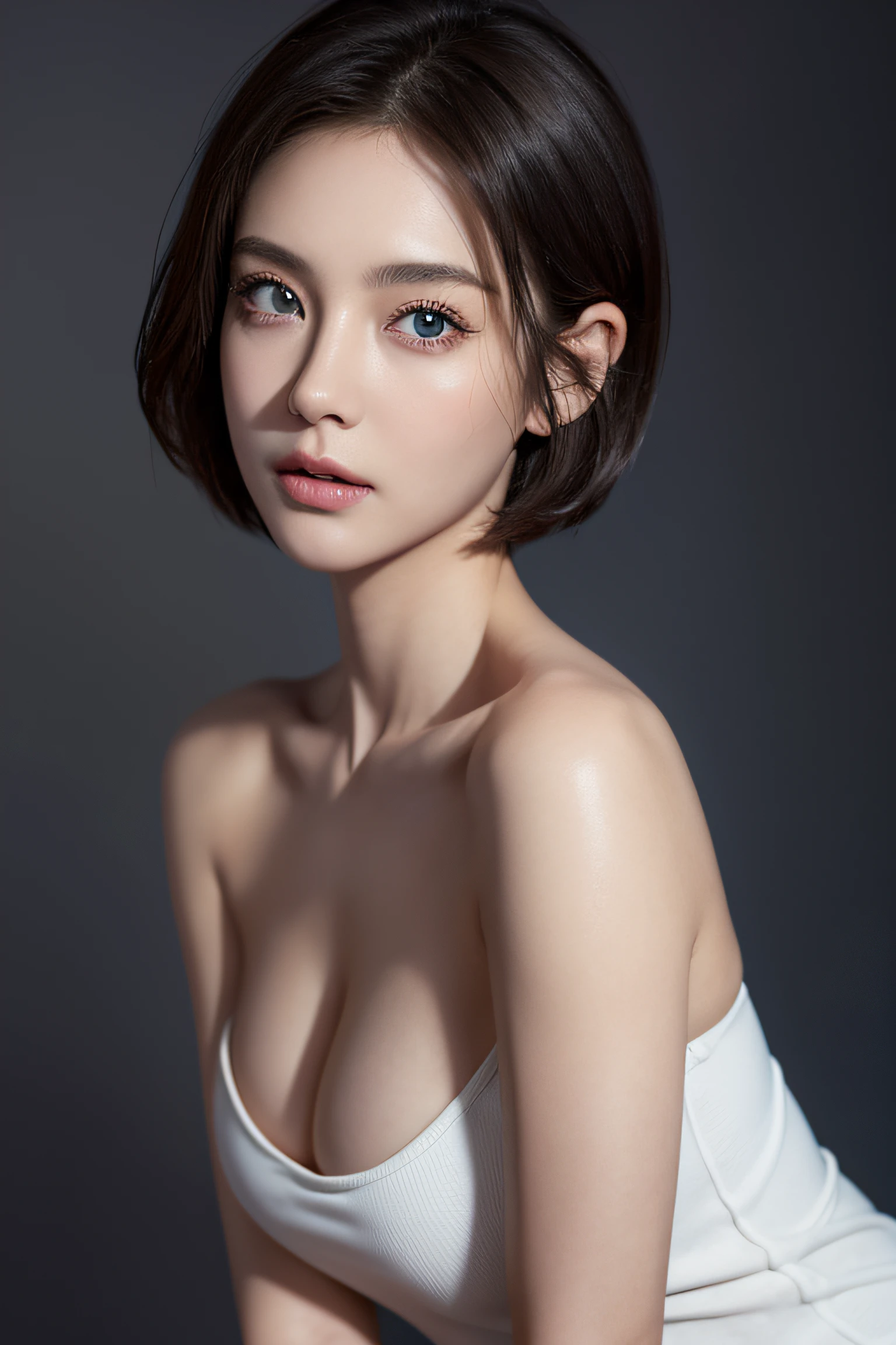 Skin Tight Black Top:1.2、watching at viewers、lighting like a movie、flawless、Soft light、High resolution skin:1.2、realistic skin textures、30 years old mature woman、Small face、off shoulders、Cleavage exposure、blue eyess、short-hair、Dark brown hair、Bust B Cup、no-makeup、fullnude