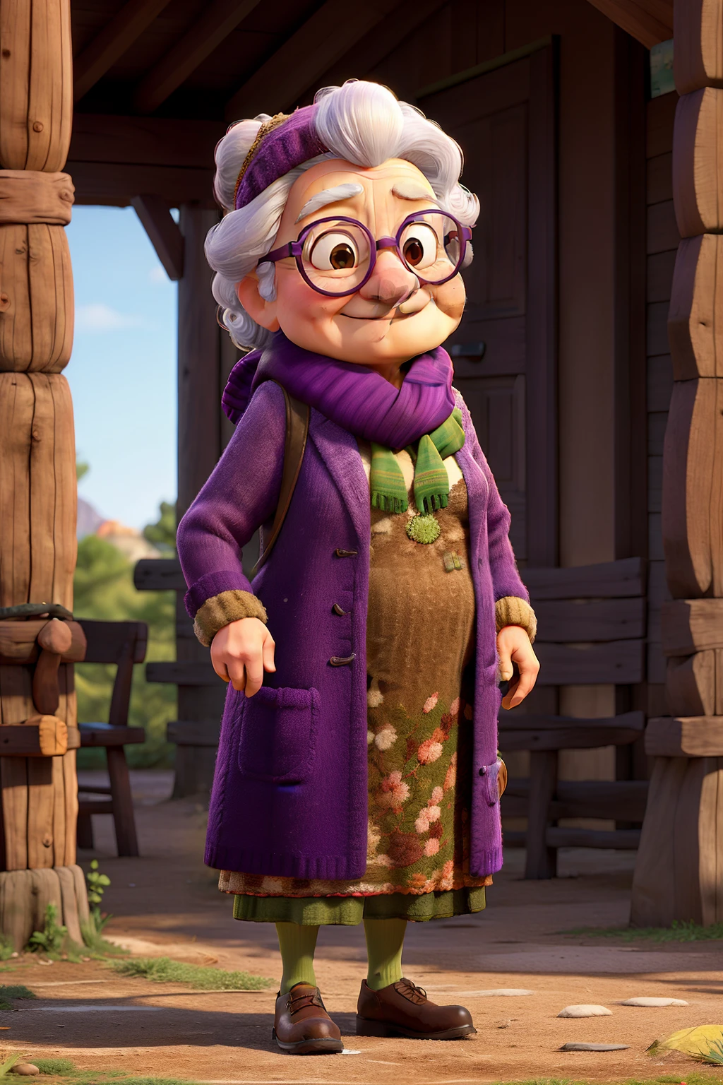 masterpiece, best quality, an old woman with glasses and a scarf on, wearing a purple coat and green scarf, standing at the park