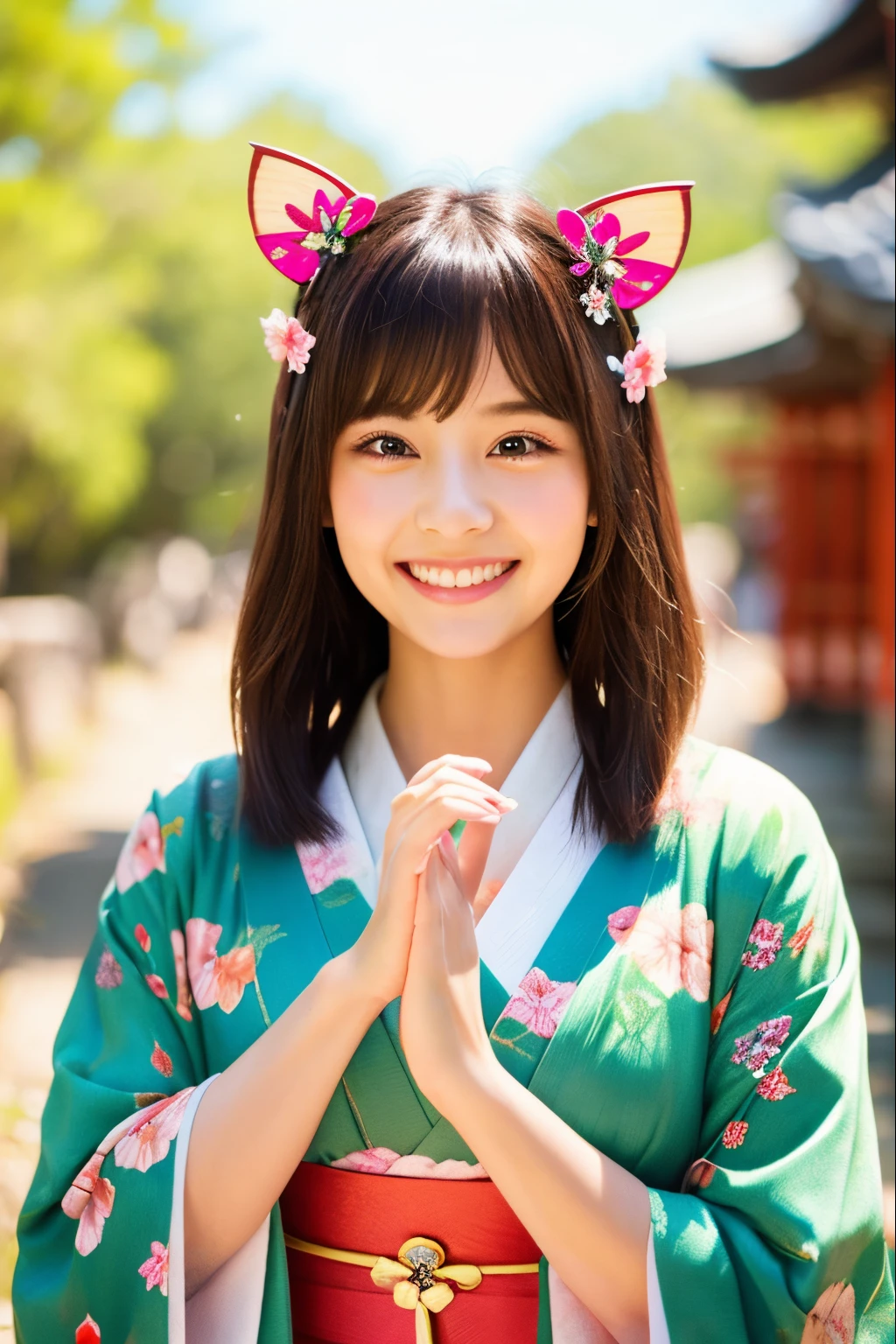 Shrine of Japan、Girl in kimono、Shichigosan celebration、Chibi、Smile, kawaii pose 、 ultradetailed eyes、Full Paint、Floral hair ornament、butterfly hair ornament