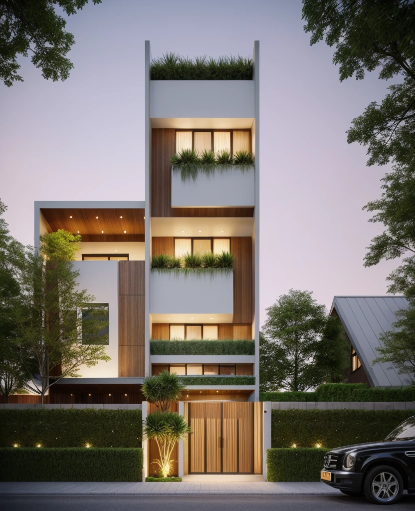 Realistic images, extremely detailed, a modern house, 1 road in font of house, large yard made by ceramic, (1 car), brick fence, lawn, a few small flowers, a road in front of the house, main materials of the house are white walls and red brick, Modern design, clear blue sky, sunrise light, light from inside, dynamic light,shimering light, cinematic light, romantic feeling, (((day light, warm light)))
