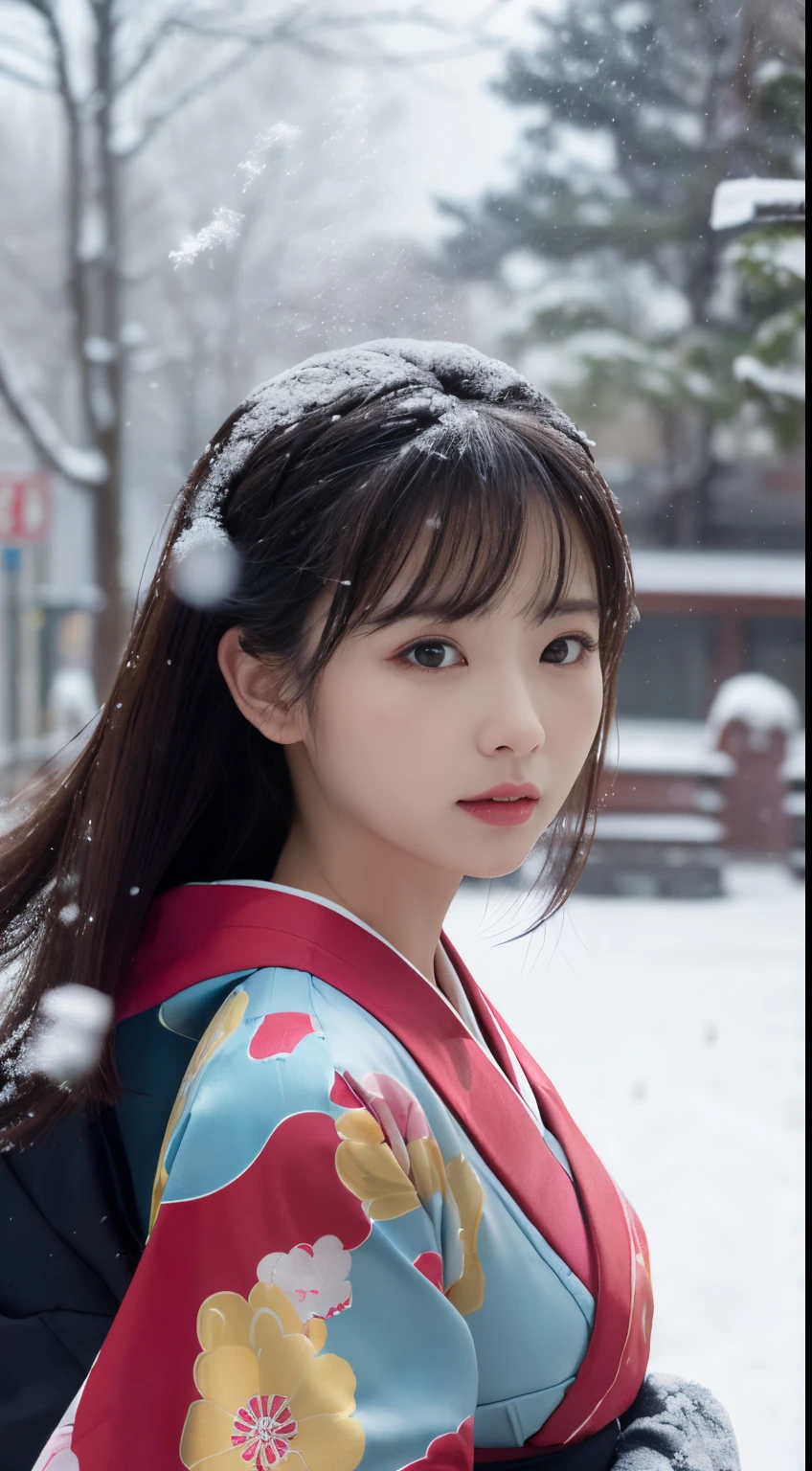 (Kimono)、、(top-quality,masterpiece:1.3,超A high resolution,),(ultra-detailliert,Caustics),(Photorealsitic:1.4,RAW shooting,)Ultra-realistic capture,A highly detailed,high-definition16Kfor human skin、 Skin texture is natural、、The skin looks healthy with an even tone、 Use natural light and color,One Woman,japanes,,kawaii,A dark-haired,Middle hair,(depth of fields、chromatic abberation、、Wide range of lighting、Natural Shading、)、、(Falling snow:1.3)、(Hair swaying in the wind:1.2)、(Snow reflects light:1.3)
