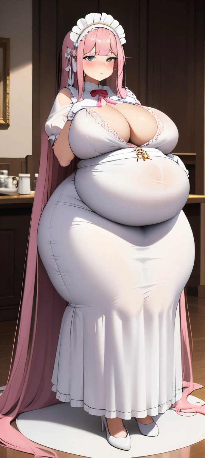 realistic, 1girl, pink hair, very long hair, wear bride veil, straight hair, blunt bangs, (beautiful eyes), blush, ((((white maid dress, fully clothed)))), ((big breast)), maid headband, white hand gloves, high heels, ribbon, night, indoor, staring at viewer, lipstick, closed mouth, bare foot, sfw, very big breast, [big belly], covered belly, thicc girl, standing, fat girl, obese girl