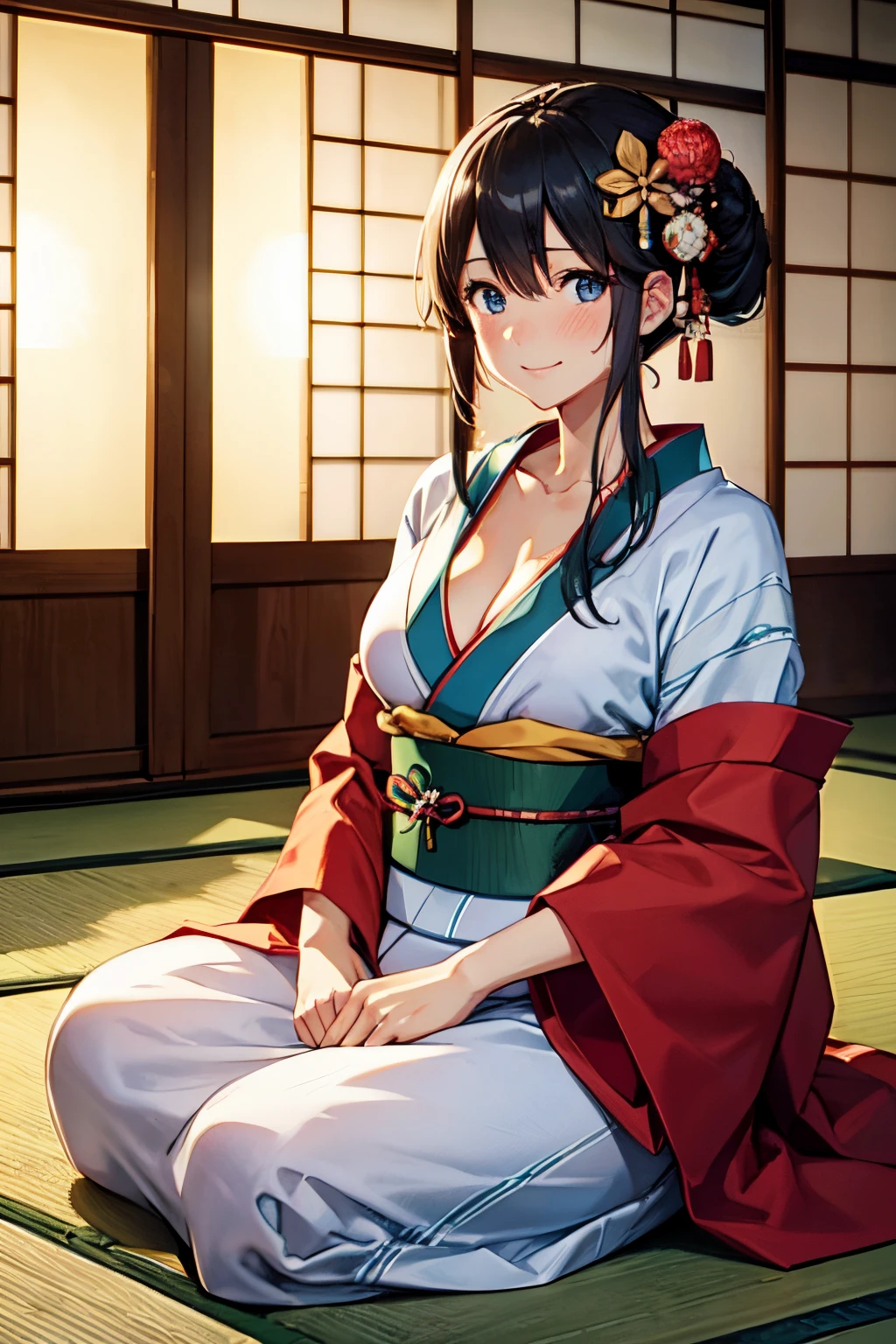 (High quality, High resolution, Fine details), Realistic, (beautiful kimono sitting in a traditional Japanese room), traditional Japanese architecture, sliding doors, fusuma, shoji, traditional tatami flooring, decorative Japanese paper lamps, soft natural lighting, tranquil atmosphere, calm and peaceful ambiance, delicate patterns on the kimono, subtle elegance, sublime beauty, cultural references, toji hairpin, solo, women, Cleavage, Shoulders, sparkling eyes, (Detailed eyes), smile, blush, Sweat, Oily skin, Shallow depth of field