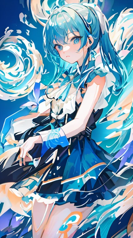 Blue hair、Blue dress、Anime girl holding blue and orange objects, Beautiful celestial mage, splash ink art anime ****, Zodiac Girl Knight Portrait, Digital art on Pixiv, Popular topics on artstation pixiv, Anime art wallpaper 8 K, detailed digital anime art, anime goddess, detailed anime art, anime fantasy illustrations, Detailed anime artwork