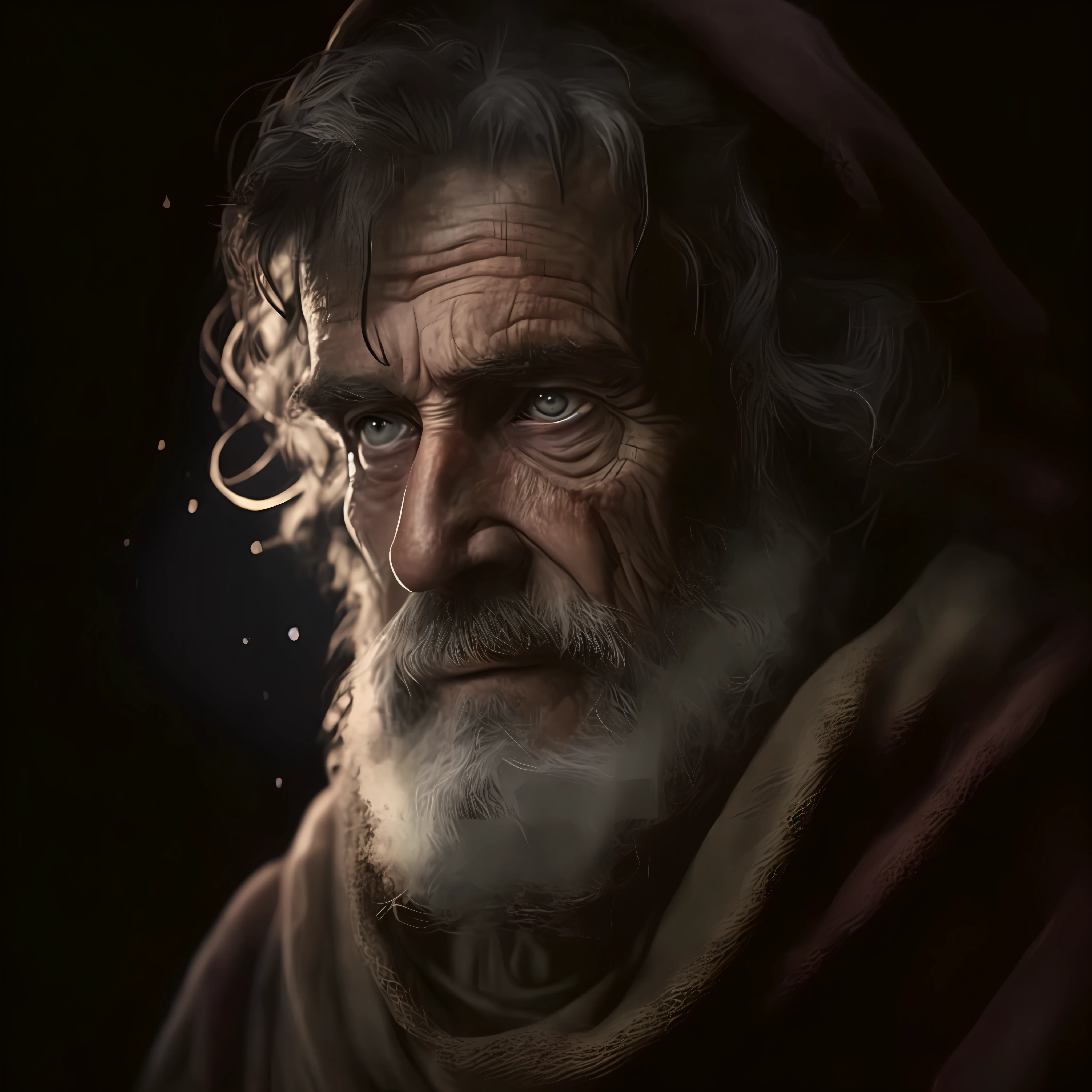 um close up de um homem com barba e capuz, WISE OLD MAN, Retrato de Merlin, retrato do homem velho, pintura digital ultra realista, pintura digital realista, Directed by: Tomasz Jedruszek, retrato da arte do personagem, arte conceitual escura fotorrealista, arte digital altamente realista, Cinematic realistic portrait, portrait of bedouin d&d, cinematic bust portrait