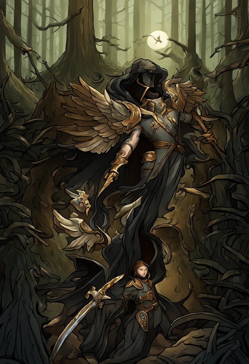 In the dark and deep forest、A rusty sword is stuck deep in the ground..。A double-headed eagle is flying above it。