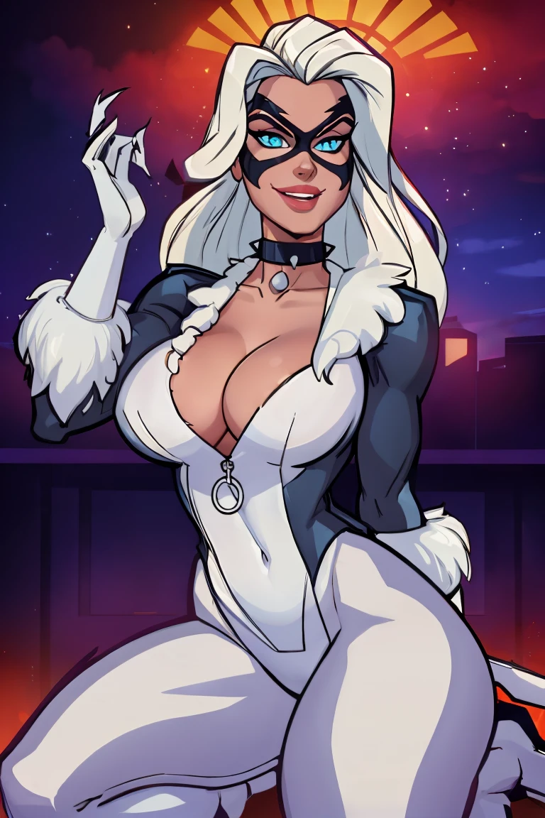 Looking at viewer, (She has a confident expression, A sarcastic smile), BREAK, CARTOON_felicia_blackcat, long hair,white hair,lipstick,blue eyes,makeup,lips,large breasts,collarbone,red lips,claws,very long hair, mask,bodysuit,domino mask,gloves,choker,white gloves,collar,superhero,black bodysuit,fur trim,cleavage,skin tight,zipper,spiked collar,unzipped,jewelry,black choker,latex,shiny,center opening, BREAK, official art,extremely detailed CG unity 8k wallpaper, perfect lighting,Colorful, Bright_Front_face_Lighting,shiny skin, (masterpiece:1.0),(best_quality:1.0), ultra high res,4K,ultra-detailed, photography, 8K, HDR, highres, (absurdres:1.2), Kodak portra 400, film grain, blurry background, (bokeh:1.2), lens flare, (vibrant_color:1.2),professional photograph, (beautiful_face:1.5), Protruding Breasts, Torpedo boobs, ripped muscles, athletic physique, curvy athletic body, White long hair, full body, full body portrait