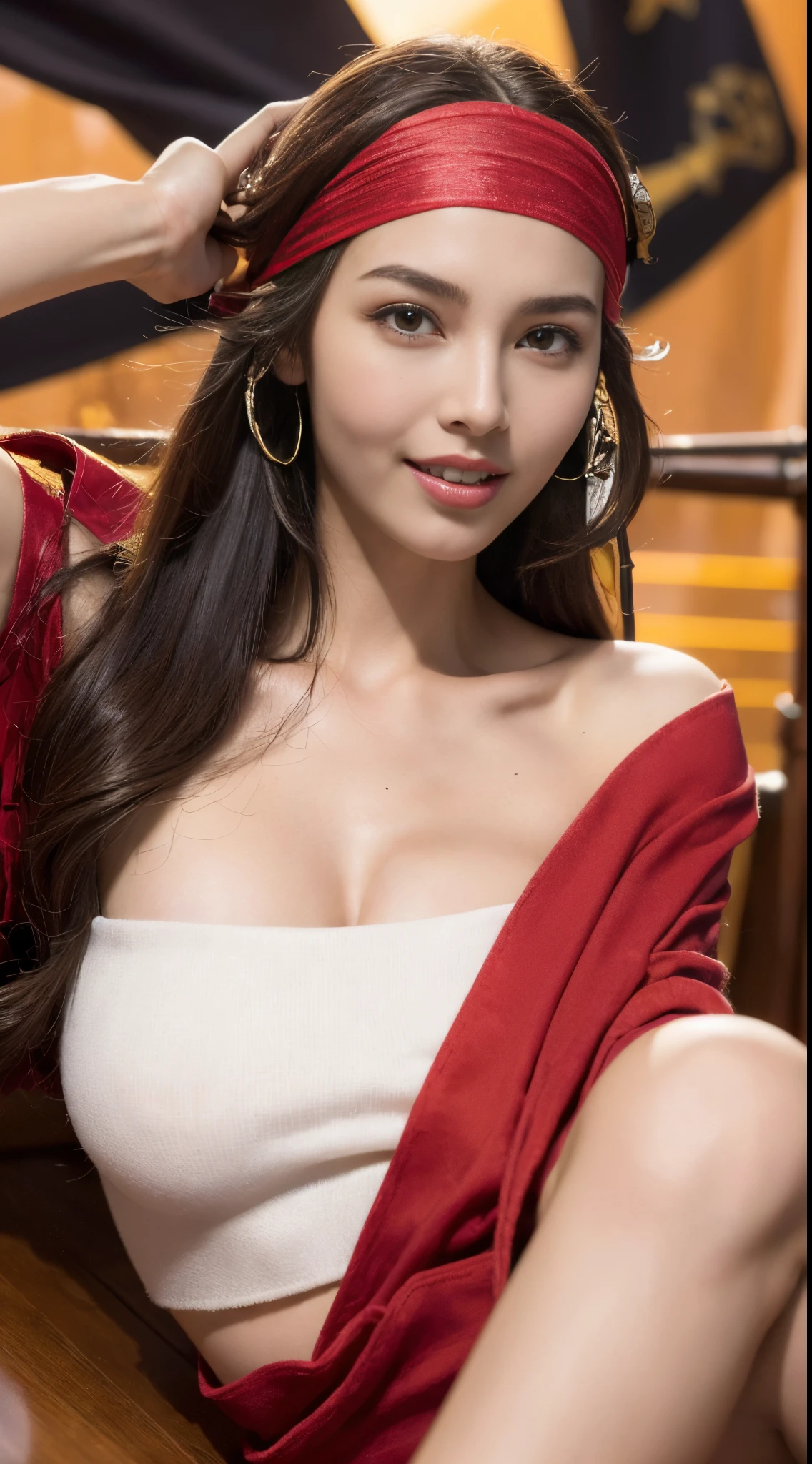Fashion model 18 years old [[[[Close-up cleavage]]]], [[[[climaxing]]]], [[[[Cole]]]], [[[[bshoulder]]]], perfect  eyes, Perfect iris，perfect lips，perfect teeth，Perfect Skin，with fair skin，HighDynamicRange，Movie Girl，(((Beautiful and coquettish pirate girl)))，(s delicate face)，(Highly defined faces)，delicated face，(((Red pirate costume)))，(((red pirate headband))，(Raised sexy)，legs long，(Full body photo），(at pirate ship)，pirate flag，4K Ultra HD, 超高分辨率, (realisticlying: 1.4), Best quality at best，tmasterpiece，（pastel colour：1.2）