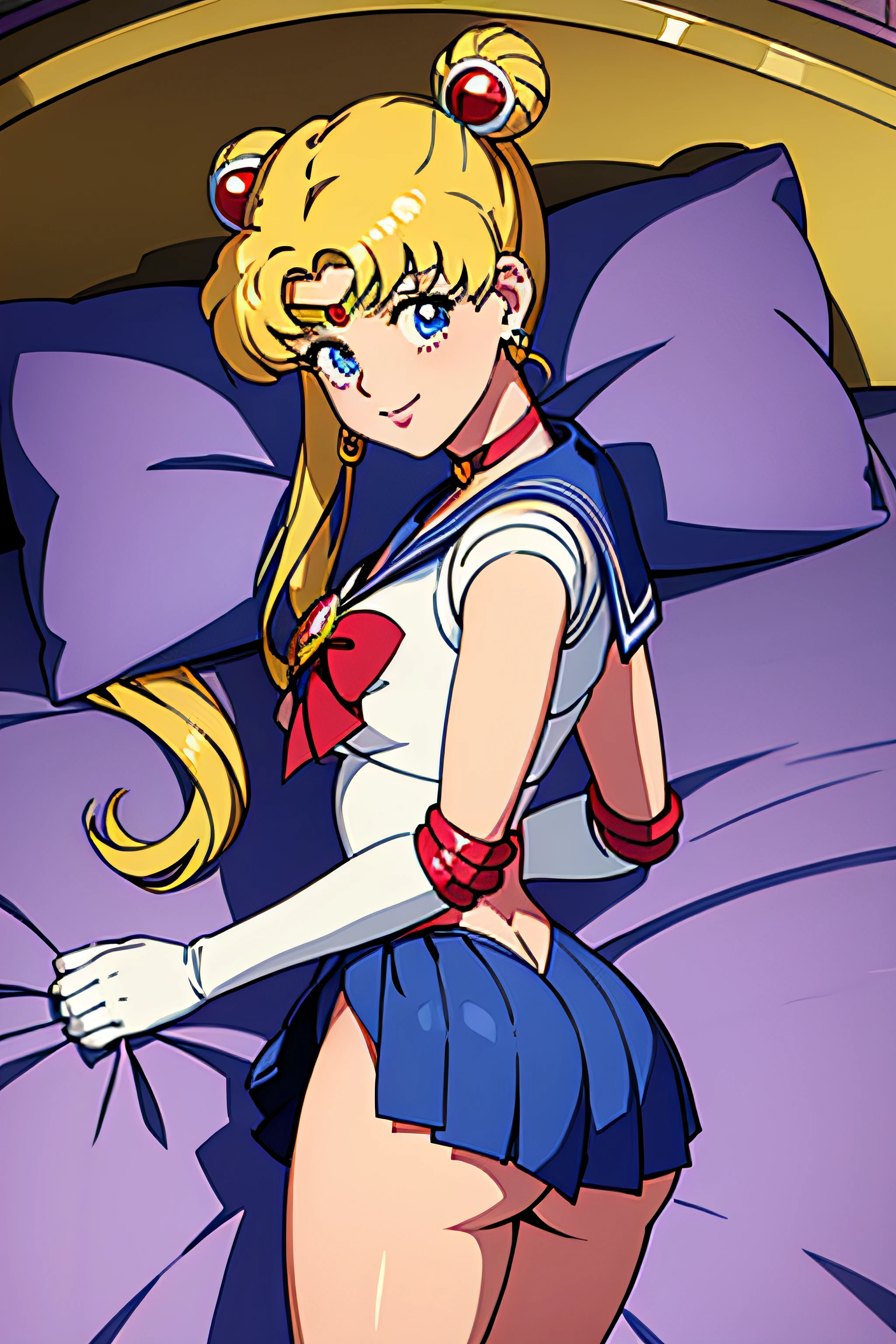 masterpiece, best quality, absurdres, perfect antomy, 1girl, solo, SMMoon, 1990s \(style\), blonde sailor moon, standing, smile, cowboy shot, sailor senshi uniform, sailor collar, blue skirt, elbow gloves, big booty, ultra mini skirt , jewelry, earrings, lying on her side on a bed, showing her ass, ass with a micro thong, very sexy , nice ass. (LYING ON HER SIDE ON A BED)