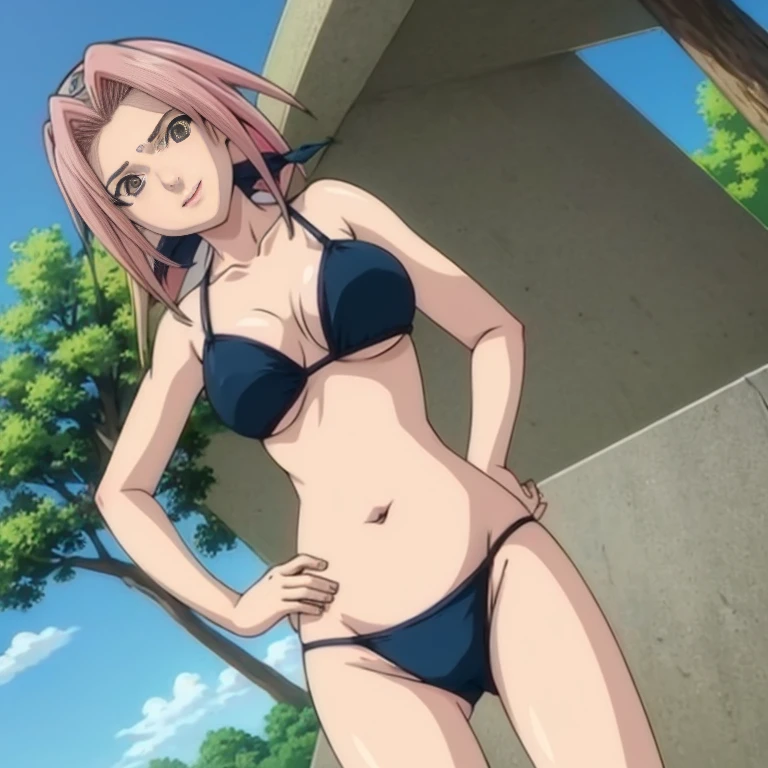 obra-prima, melhor qualidade, 1girl, haruno sakura, cabelo rosa, cabelo longo, olhos verdes, seios_enormes,bikini rosa,protetor de testa, sorriso, Hands on hips, blue skies, nuvem, aldeia escondida, alta qualidade