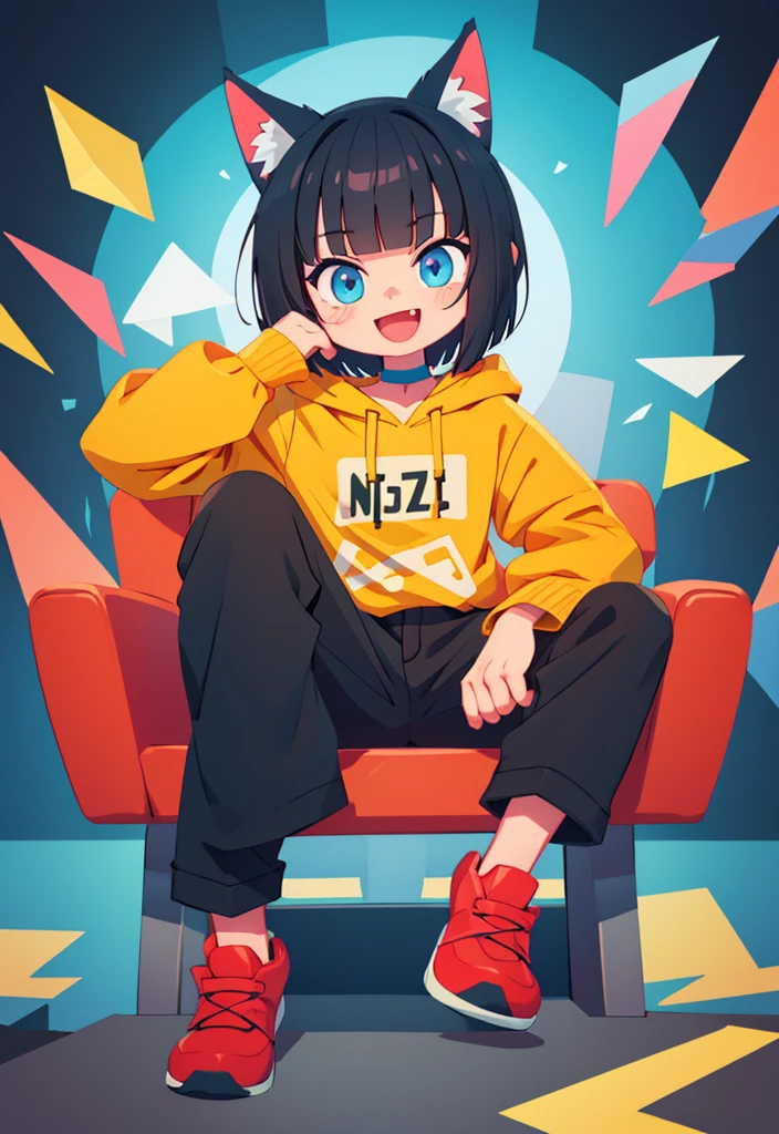 best quality, masterpiece, highly detailed, kawaii,
BREAK (short boy:1.3), 1boy, solo, (short hair, straight hair, black hair, blunt bangs, azure eyes:1.3), (wolf ears), choker, fangs, blush, (realistic:0.8), (sitting in chair, holding a gaming control.)
(oversized clothes, puffy sleeves, red and yellow hoodie, black boots, black pants), happy, :D,
BREAK cute aesthetic illustration, stylized digital art, colorful paint style,