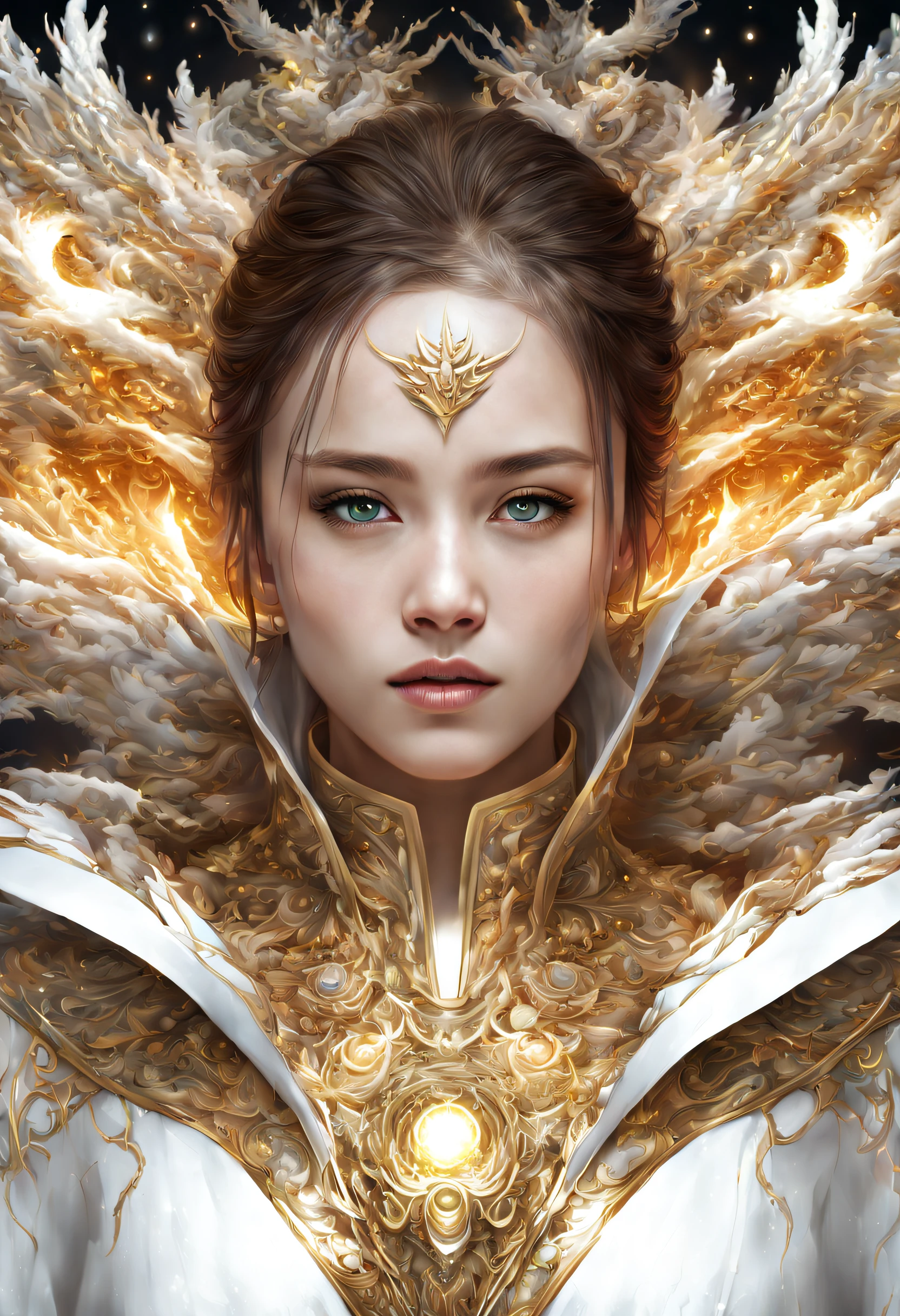(masterpiece, top quality, best quality, official art, beautiful and aesthetic:1.2), (1girl), extreme detailed eyes, (fractal art:1.3), colorful, highest detailed, (perfect face), shiny skin, HDR, (white cloak golden lines:1.2), galaxy, (light streaks), striking visuals, (dynamic streaks, luminous trails:1.2), vibrant colors, (phoenix), (dragon)