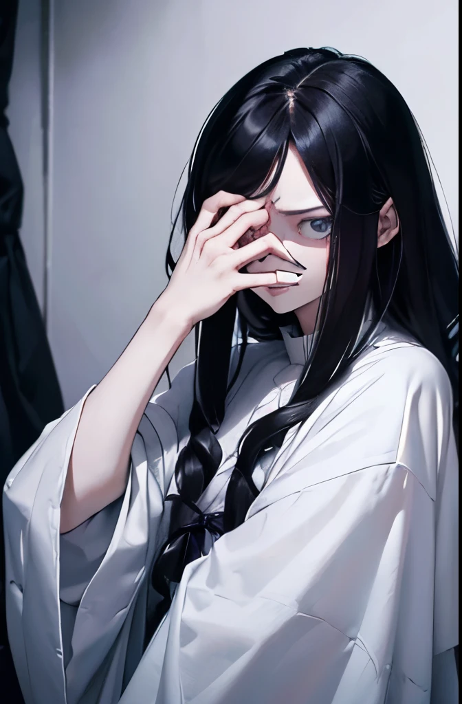 (tmasterpiece, Best quality at best:1.4), (realistically:1.3),  ((scary ghost)), Scary female ghost，Fluffy black hair covers his face，Sadako，horror movie pictures，white dresses，crawling，twisted like a giant spider，thick black air，In the background is the bedroom，halloween mood, scare, creepy scenery,Terrifying atmosphere